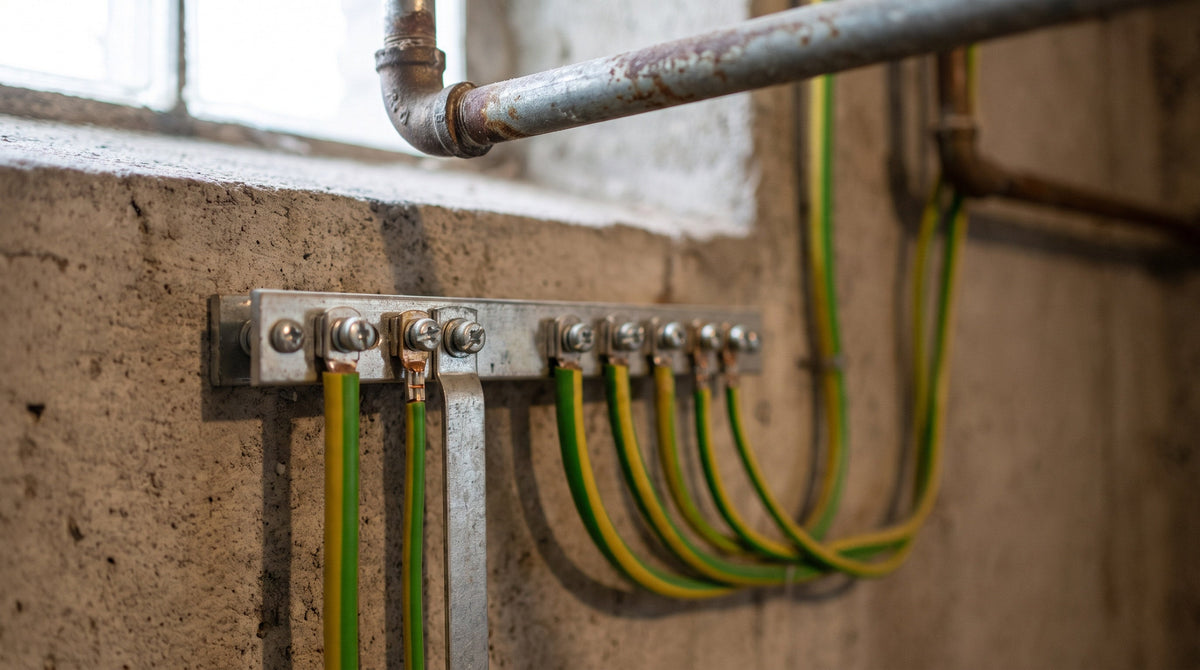 Metallene Potentialausgleichsschiene an einer Kellerwand, mit mehreren grün-gelben Leitungen und einem Bandstahl in einzelnen Klemmen