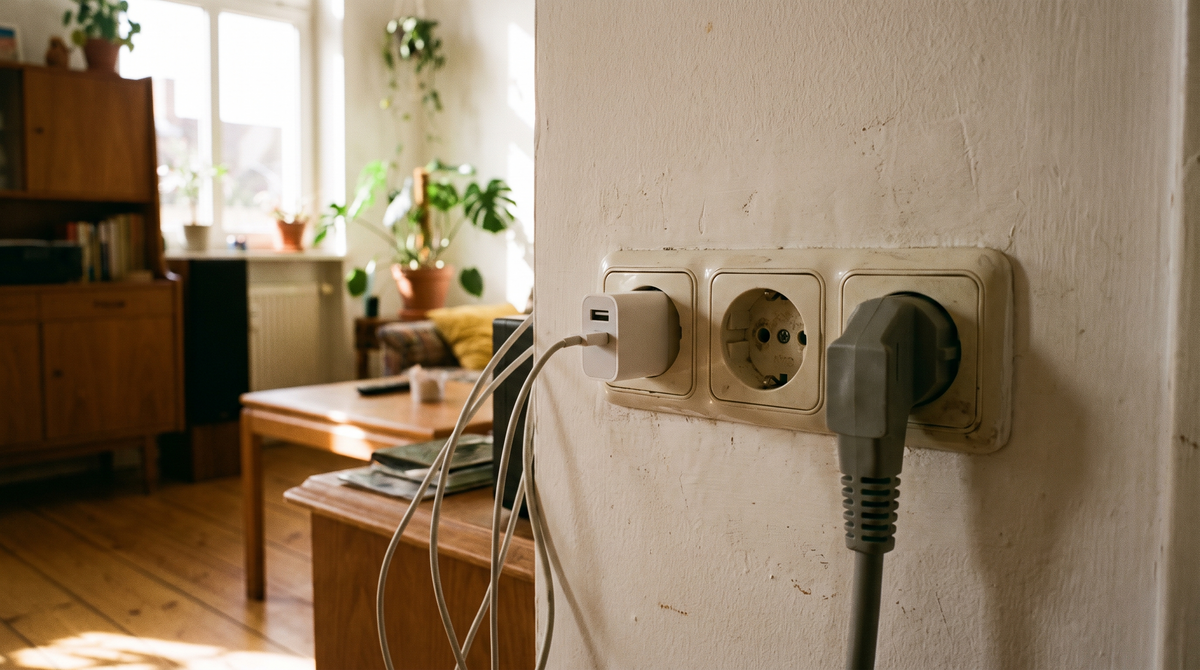 Nahaufnahme einer Steckdose in einer Wohnzimmerwand, daneben ein eingesteckter Ladeadapter und ein Staubsaugerstecker