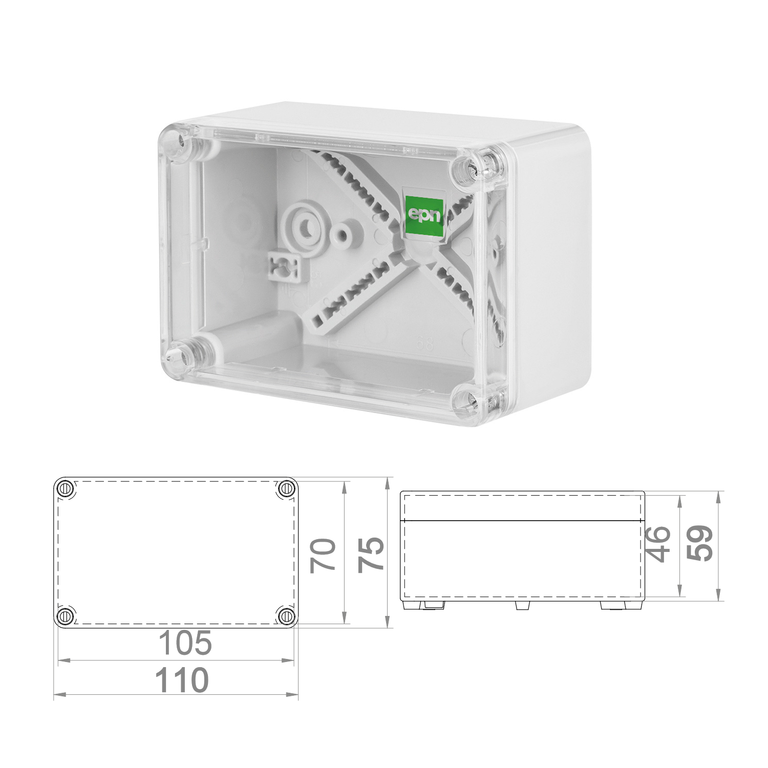 Abzweigdose / Industriebox / Leergehäuse / Schaltkasten / Verteilerkasten / IP65 / weiß mit transparentet Front / 110 x 75 x 59 mm