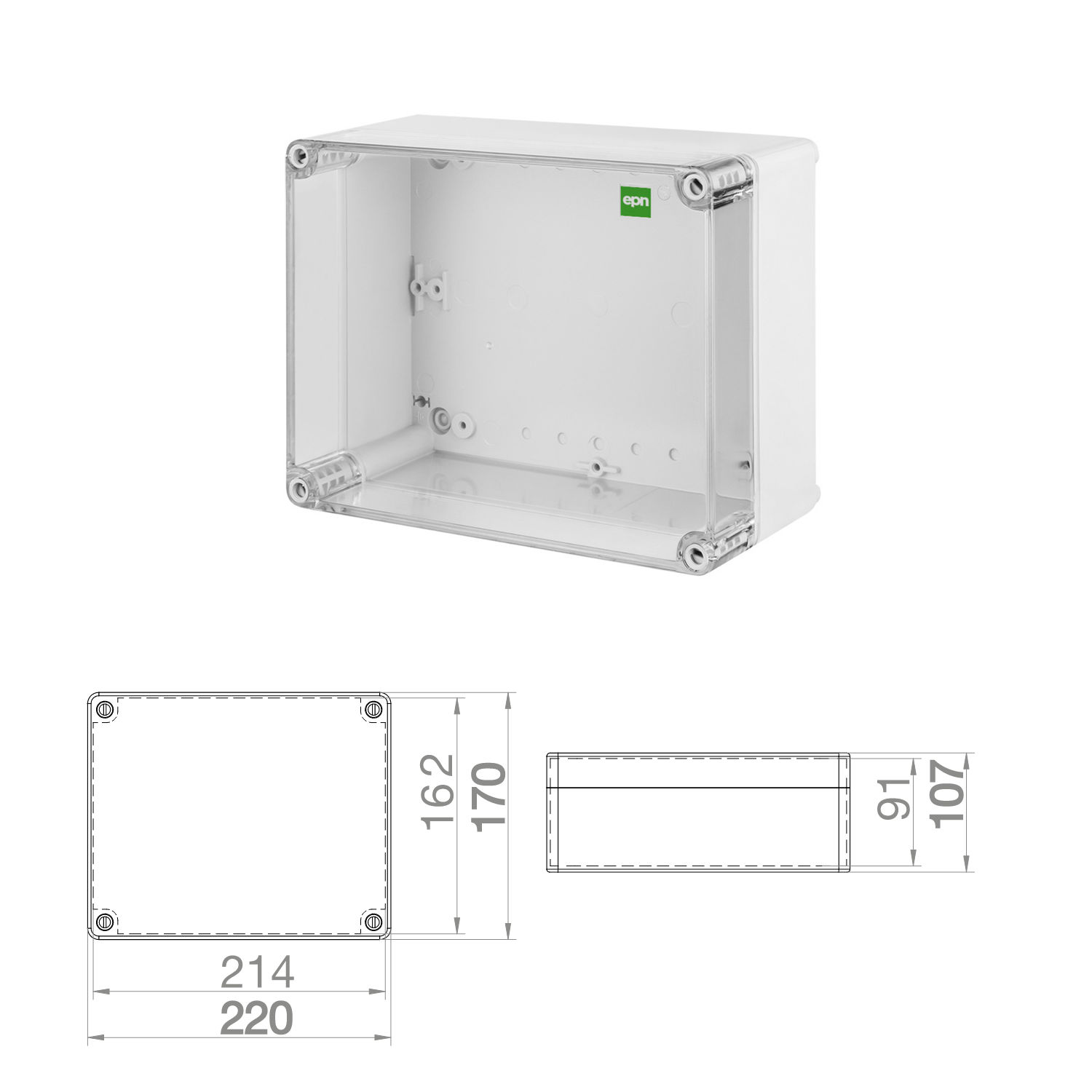 Abzweigdose / Industriebox / Leergehäuse / Schaltkasten / Verteilerkasten / IP65 / weiß mit transparenter Front / 220 x 170 x 120 mm