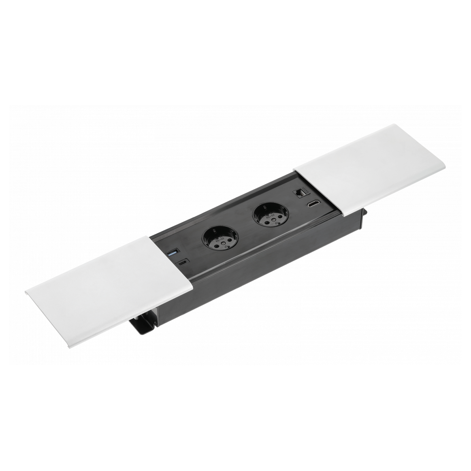 Tischsteckdose / Schreibtischsteckdose / Einbausteckdose / 2-fach / 1x USB A / 1x USB C / 1x HDMI / 1x RJ 45 Ethernet LAN / 1,5m Kabel / weiß