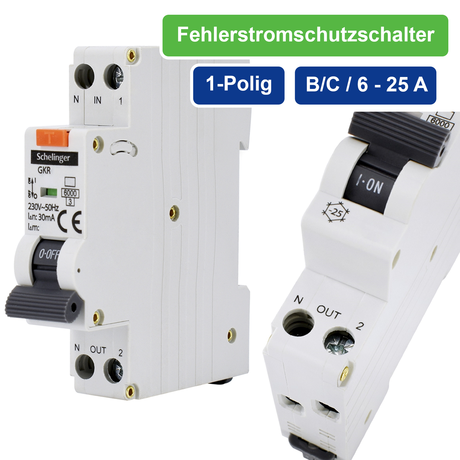 Schelinger Fehlerstromschutzschalter mit integrierterm Leitungsschutzschalter / FI+LS / 1-Polig 30 mA / B / C / 6A / 10A / 16A / 20A / 25A / 30mA