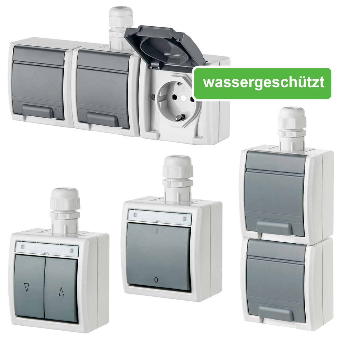 Aufputz-Serie / Steckdose Lichtschalter / Wechselschalter / Taster / Doppelschalter / Feuchtraum / IP65 / wassergeschützt / hellgrau