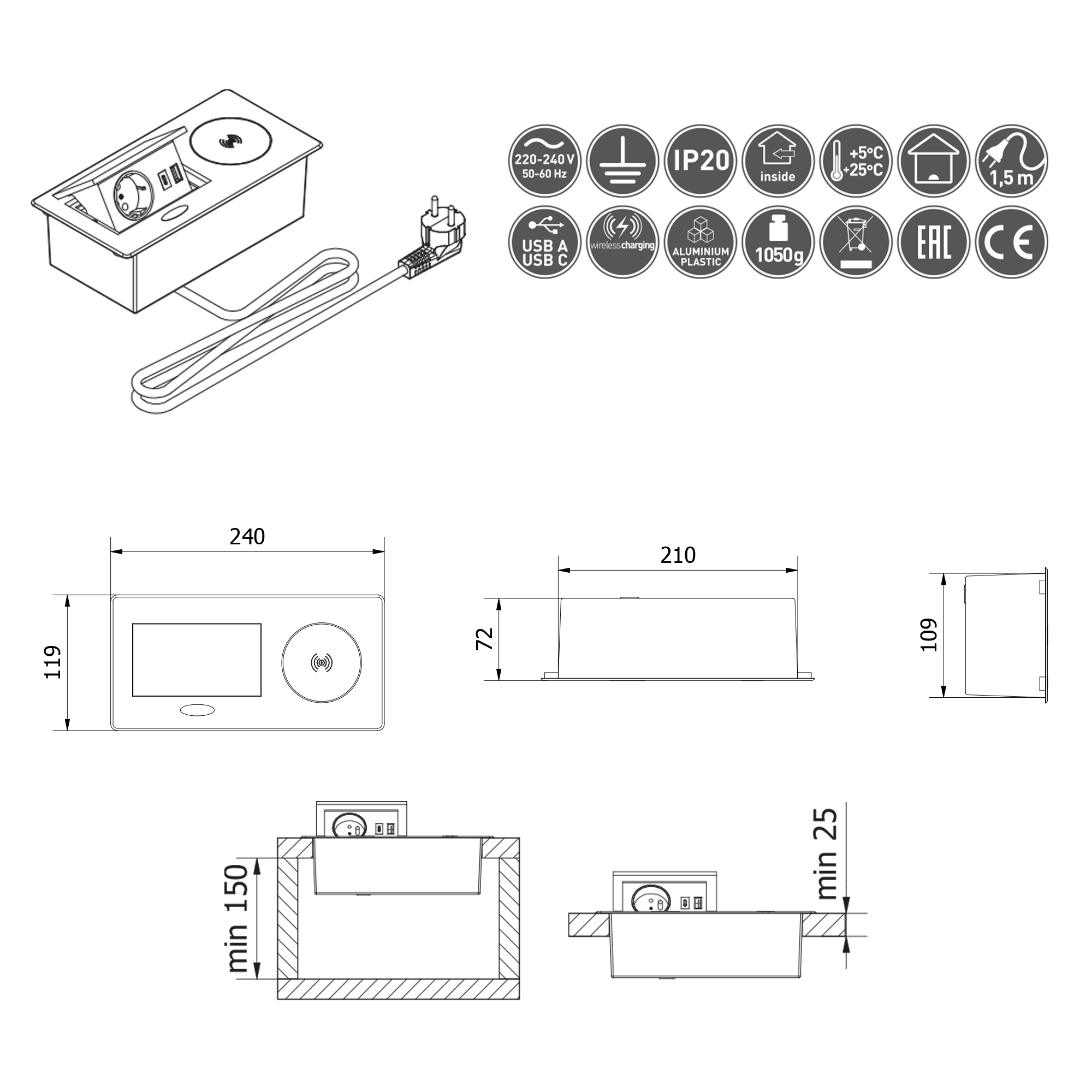 Moderne Tischsteckdose mit USB-A, USB-C und Induktionsladefläche