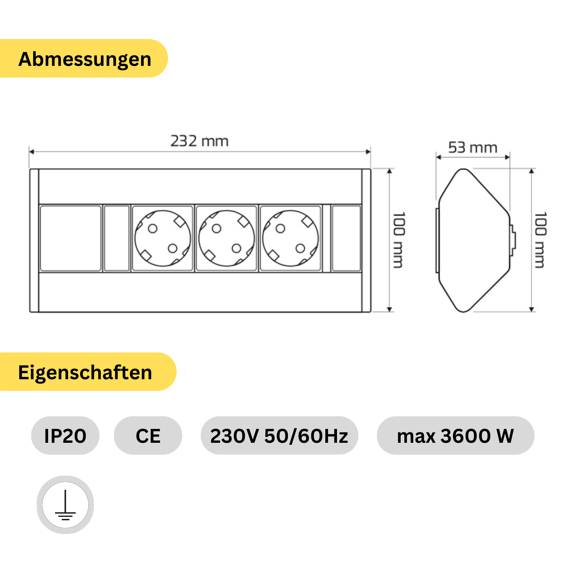 Moderne Tischsteckdose / Schreibtischsteckdose / Einbausteckdose / 3-fach / 2-fach + 1x USB A + 1x USB C / mit 1.8 m Kabel / modernes schwarz