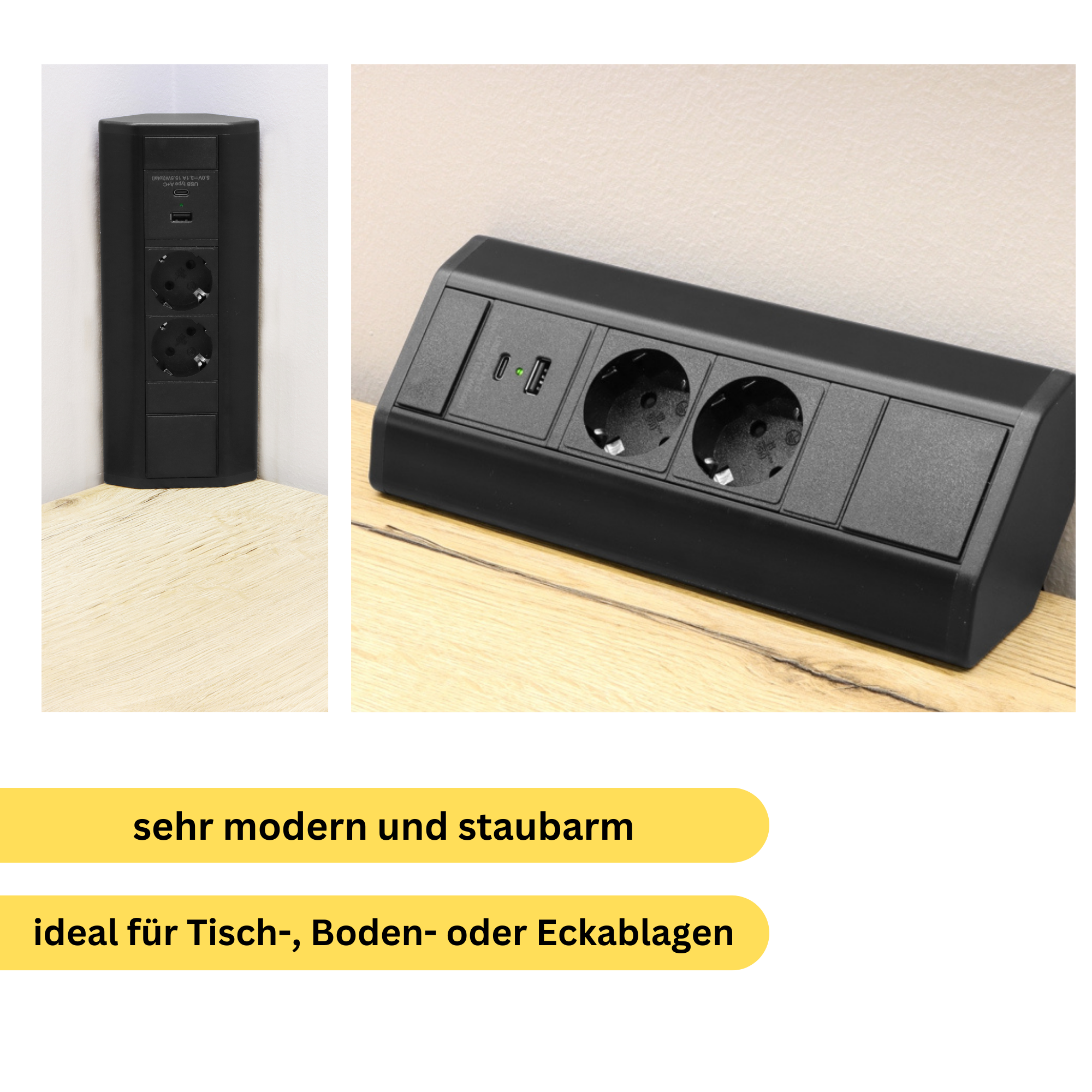 Moderne Tischsteckdose / Schreibtischsteckdose / Einbausteckdose / 3-fach / 2-fach + 1x USB A + 1x USB C / mit 1.8 m Kabel / modernes schwarz
