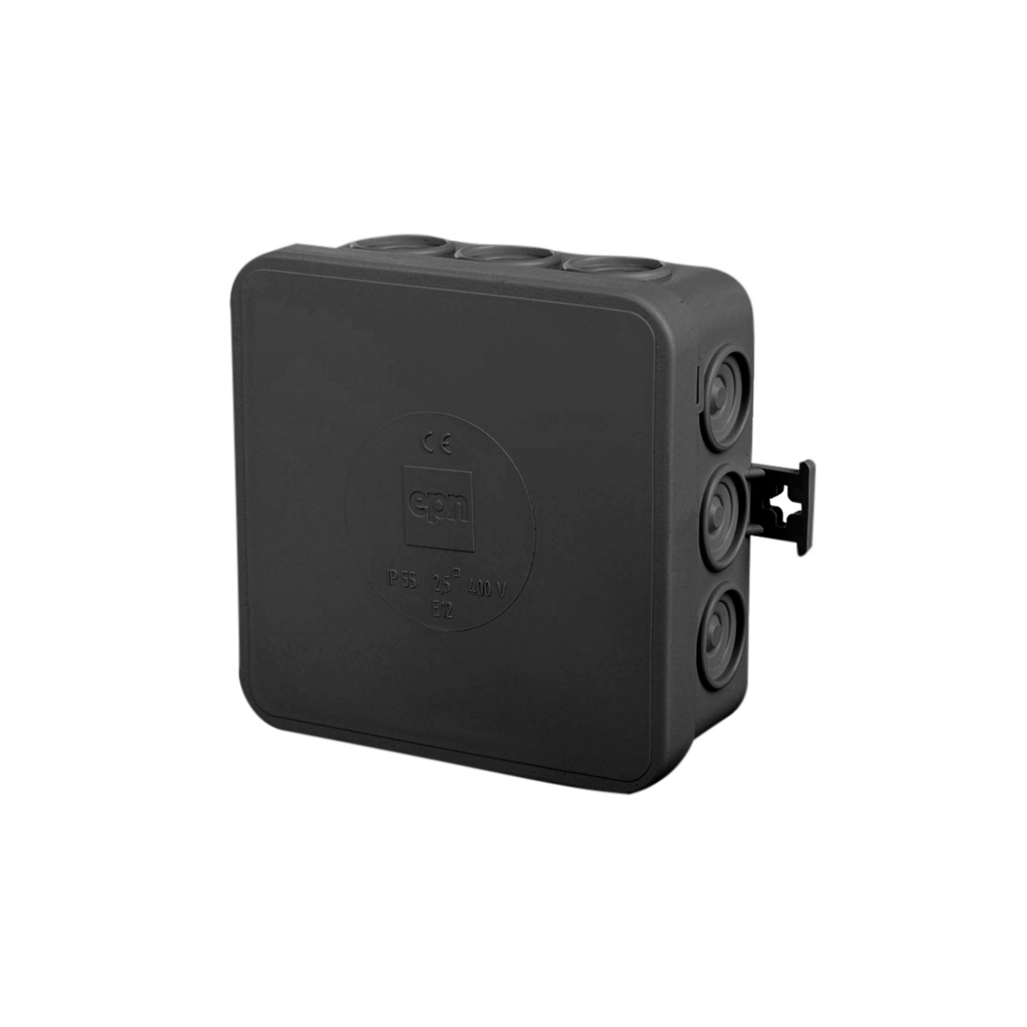 moderne schwarze Abzweigdose, Verteilerdose, Klemmdose / IP 55, feuchtraumgeeignet / halogenfrei / 4, 7, 10 oder 12 Kabeleinführungsmöglichkeiten / rund oder eckig quadratisch / 12 Kabeleinführungen