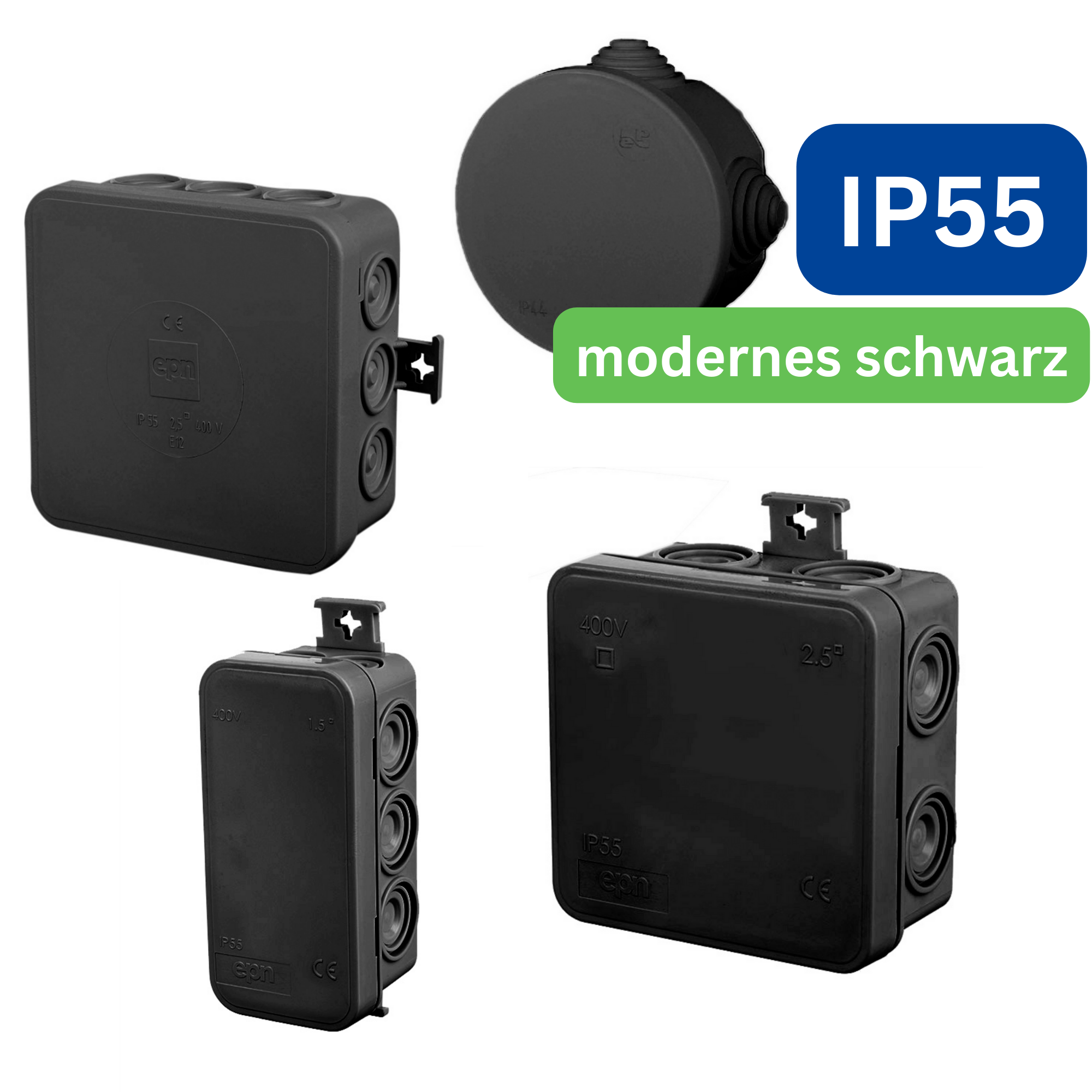 moderne schwarze Abzweigdose, Verteilerdose, Klemmdose / IP 55, feuchtraumgeeignet / halogenfrei / 4, 7, 10 oder 12 Kabeleinführungsmöglichkeiten / rund oder eckig