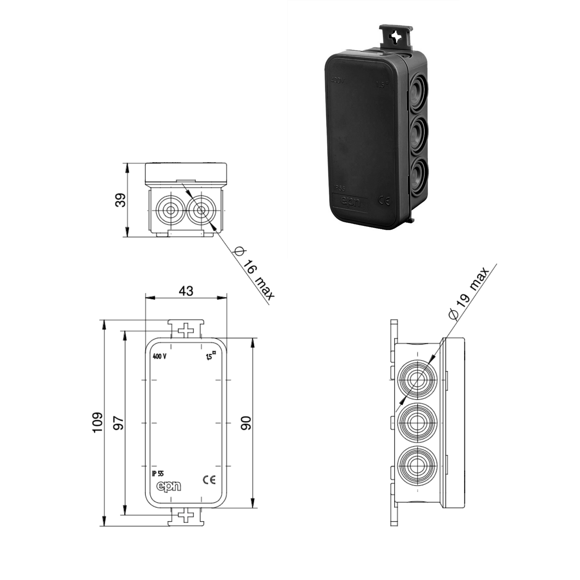 moderne schwarze Abzweigdose, Verteilerdose, Klemmdose / IP 55, feuchtraumgeeignet / halogenfrei / 4, 7, 10 oder 12 Kabeleinführungsmöglichkeiten / rund oder eckig rechteckig / 10 Kabeleinführungen