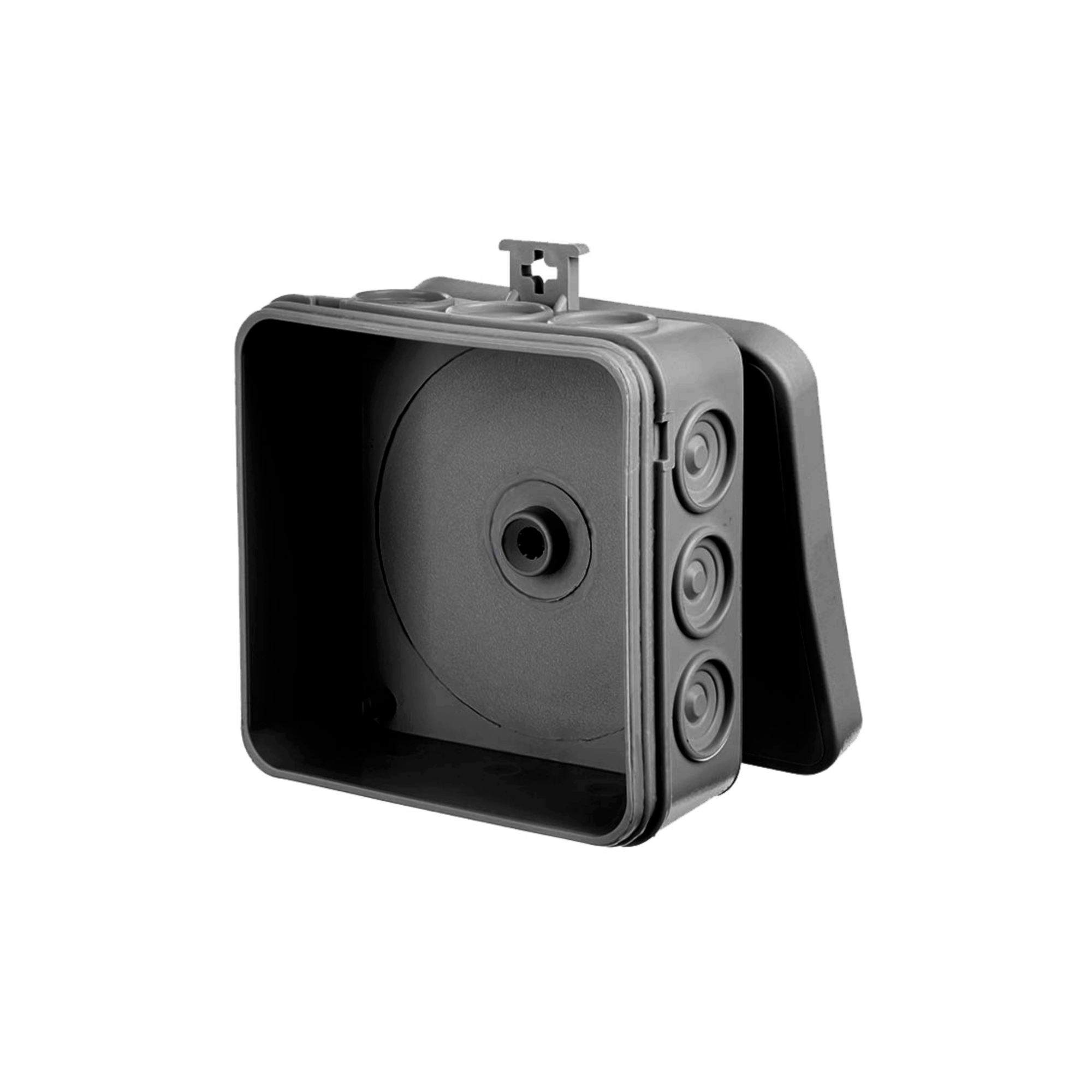 moderne schwarze Abzweigdose, Verteilerdose, Klemmdose / IP 55, feuchtraumgeeignet / halogenfrei / 4, 7, 10 oder 12 Kabeleinführungsmöglichkeiten / rund oder eckig quadratisch / 12 Kabeleinführungen