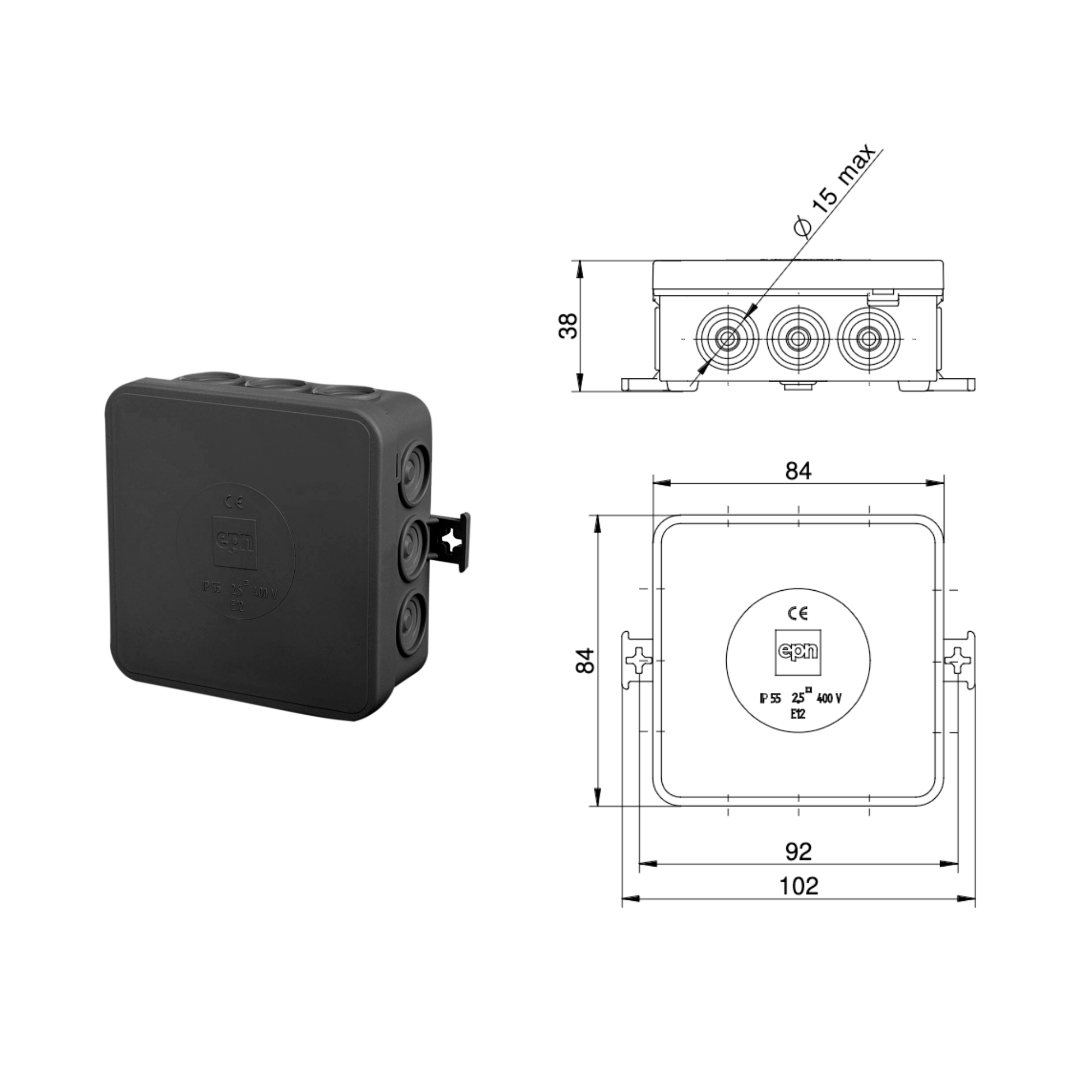 moderne schwarze Abzweigdose, Verteilerdose, Klemmdose / IP 55, feuchtraumgeeignet / halogenfrei / 4, 7, 10 oder 12 Kabeleinführungsmöglichkeiten / rund oder eckig quadratisch / 12 Kabeleinführungen