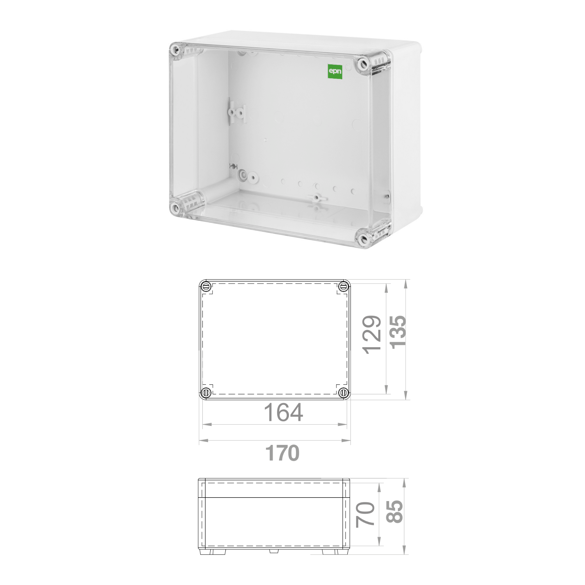 Hochwertige Abzweigdose / Industriebox / Leergehäuse / IP65 / grau mit transparenter Front / 170 x 135 x 85 mm