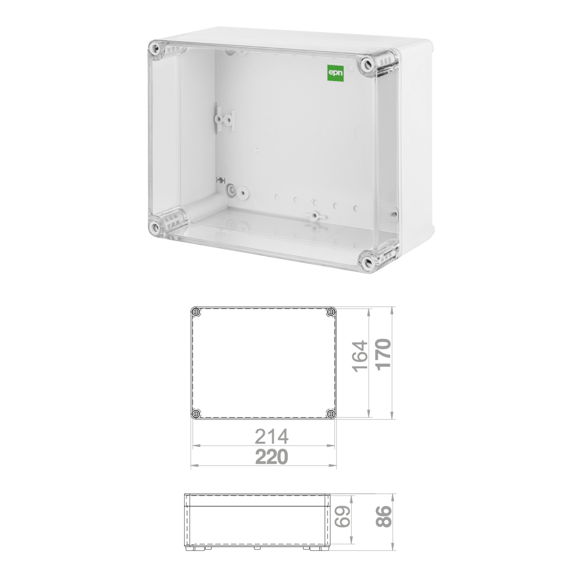 Hochwertige Abzweigdose / Industriebox / Leergehäuse / IP65 / grau mit transparenter Front / 220 x 170 x 88 mm