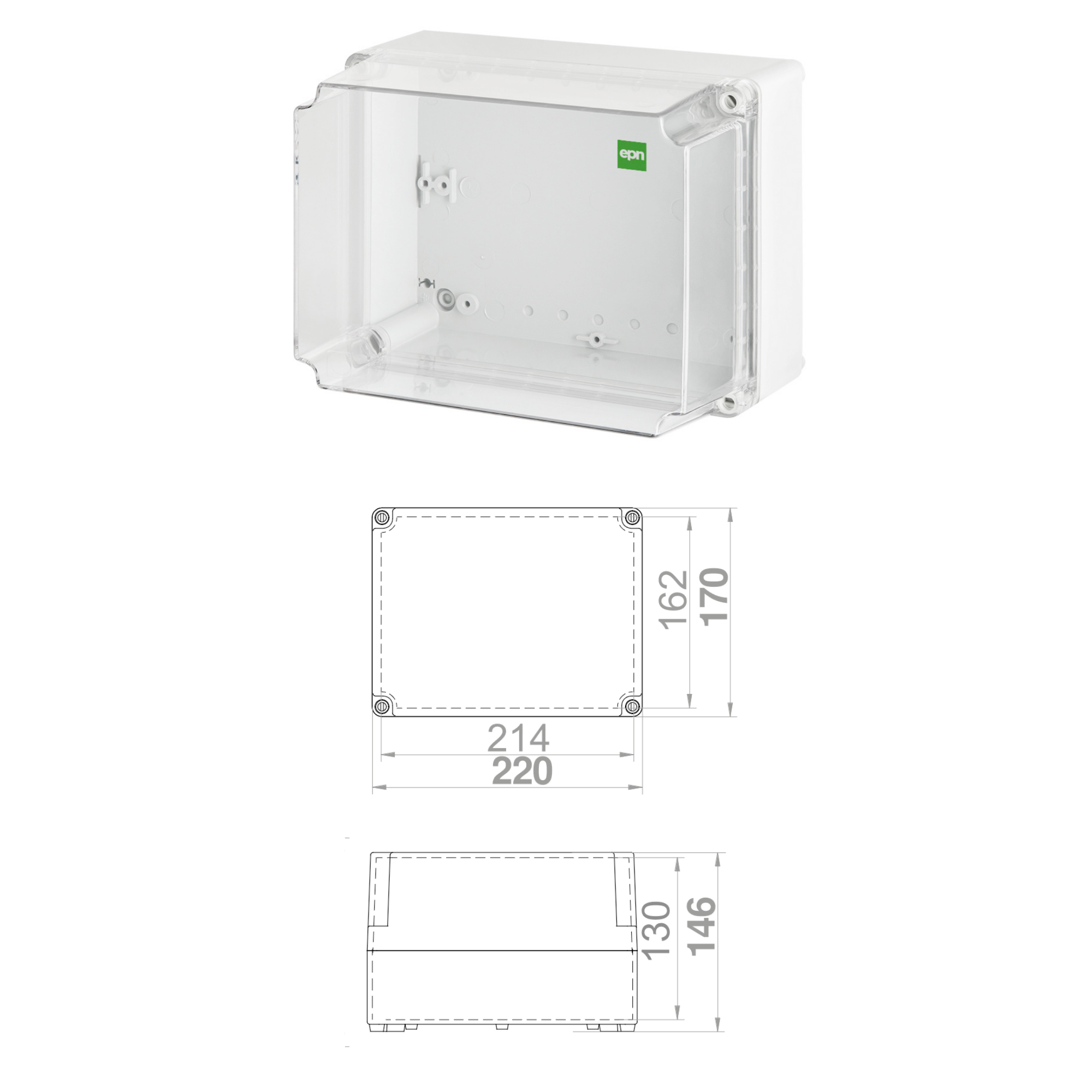 Hochwertige Abzweigdose / Industriebox / Leergehäuse / IP65 / grau mit transparenter Front / 220 x 170 x 146 mm