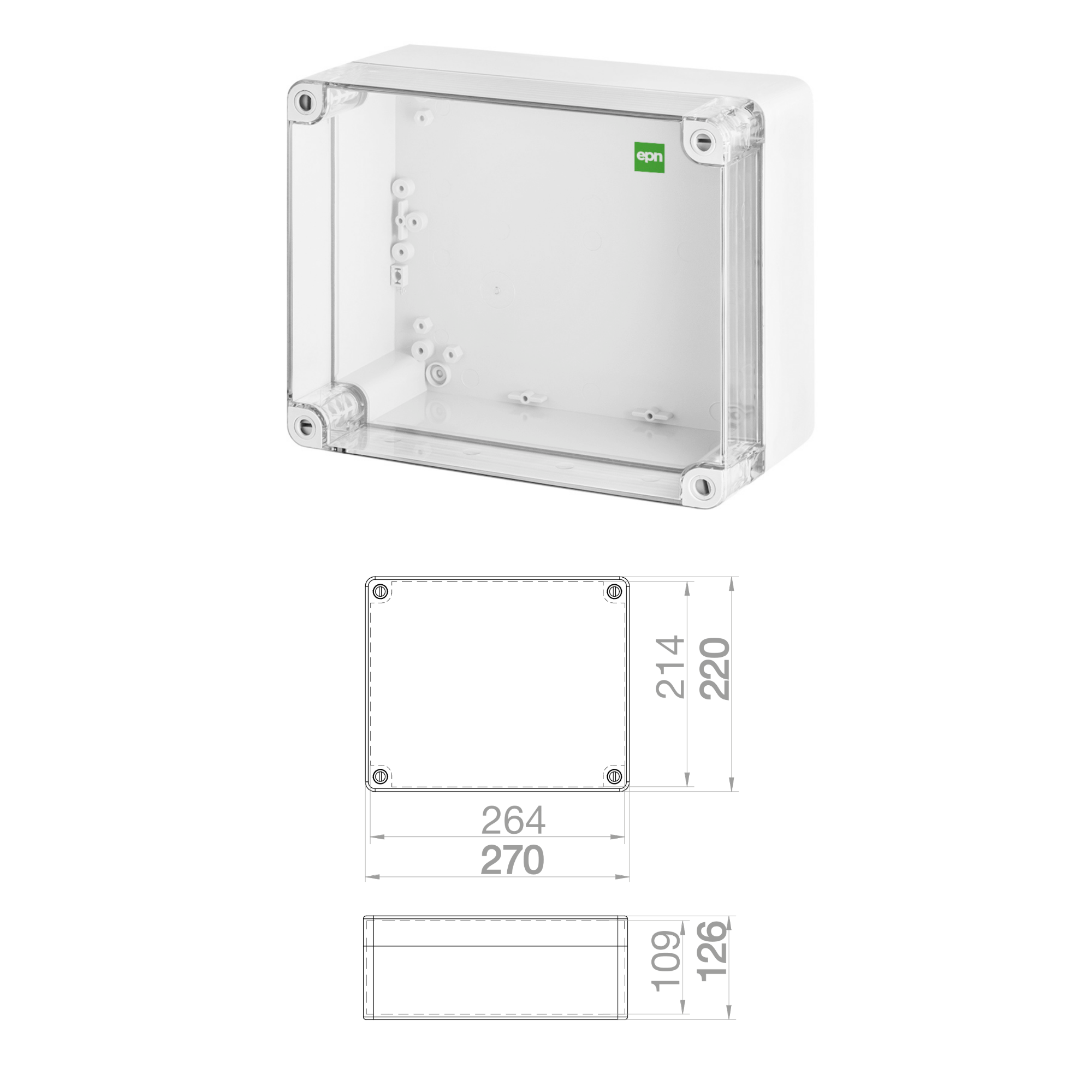 Hochwertige Abzweigdose / Industriebox / Leergehäuse / IP65 / grau mit transparenter Front / 270 x 220 x 126 mm
