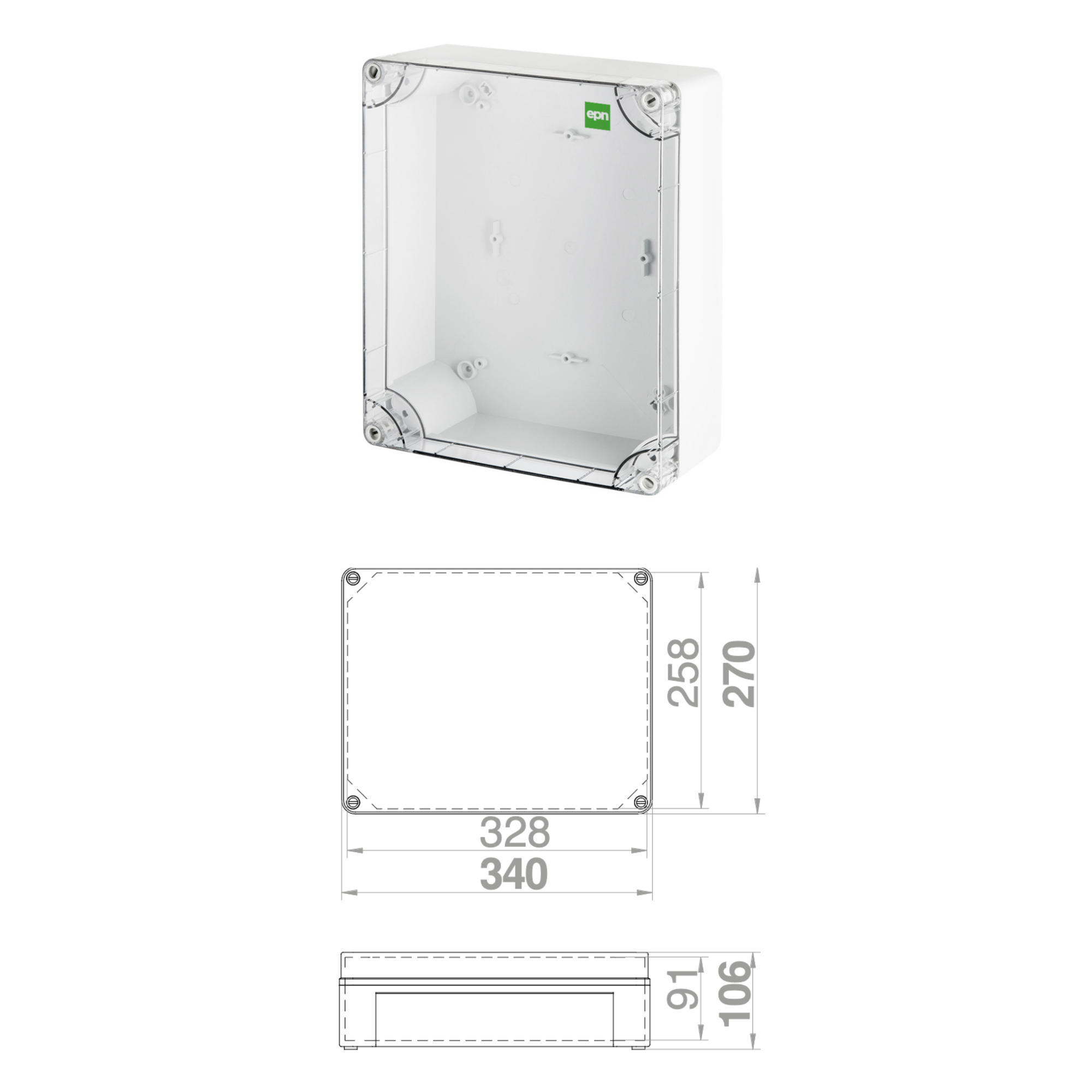 Hochwertige Abzweigdose / Industriebox / Leergehäuse / IP65 / grau mit transparenter Front / 340 x 270 x 106 mm