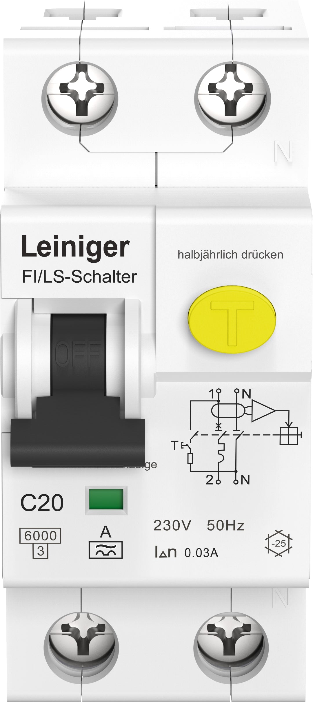 LEINIGER Fehlerstromschutzschalter mit integriertem Leitungsschutzschalter / Typ A / 6 kA / 30 mA / C / 20 A