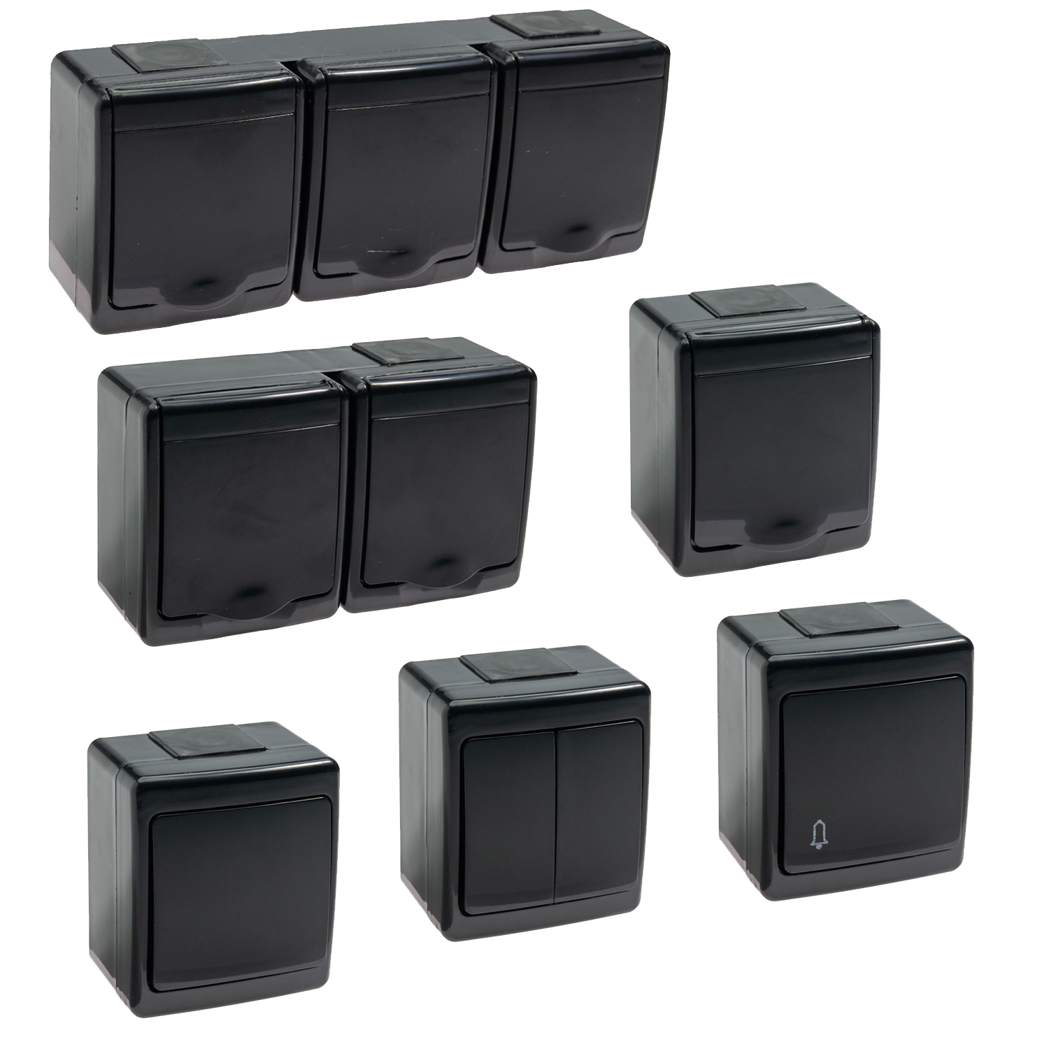 Aufputz-Serie in schwarz: Lichtschalter / Wechselschalter / Taster / Doppelschalter / Steckdose 1-fach, 2-fach oder 3-fach / Feuchtraum, IP44