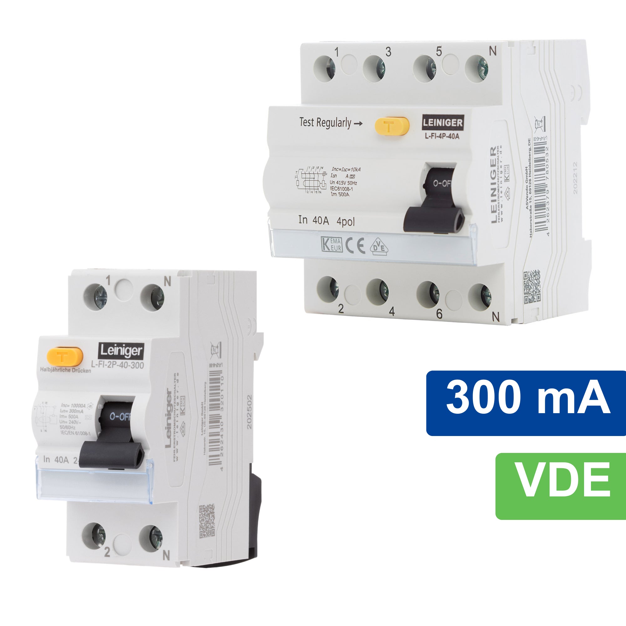 Leiniger / Typ A / Fehlerstromschutzschalter / FI-Schalter / 2-Polig / 4-Polig / 300 mA / 10kA / 25A / 40A / 63A / VDE zertifiziert