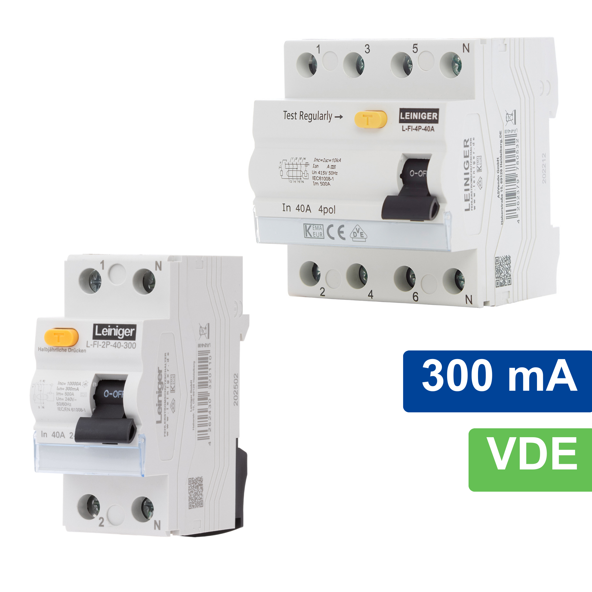 Leiniger / Typ A / Fehlerstromschutzschalter / FI-Schalter / 2-Polig / 4-Polig / 300 mA / 10kA / 25A / 40A / 63A / VDE zertifiziert