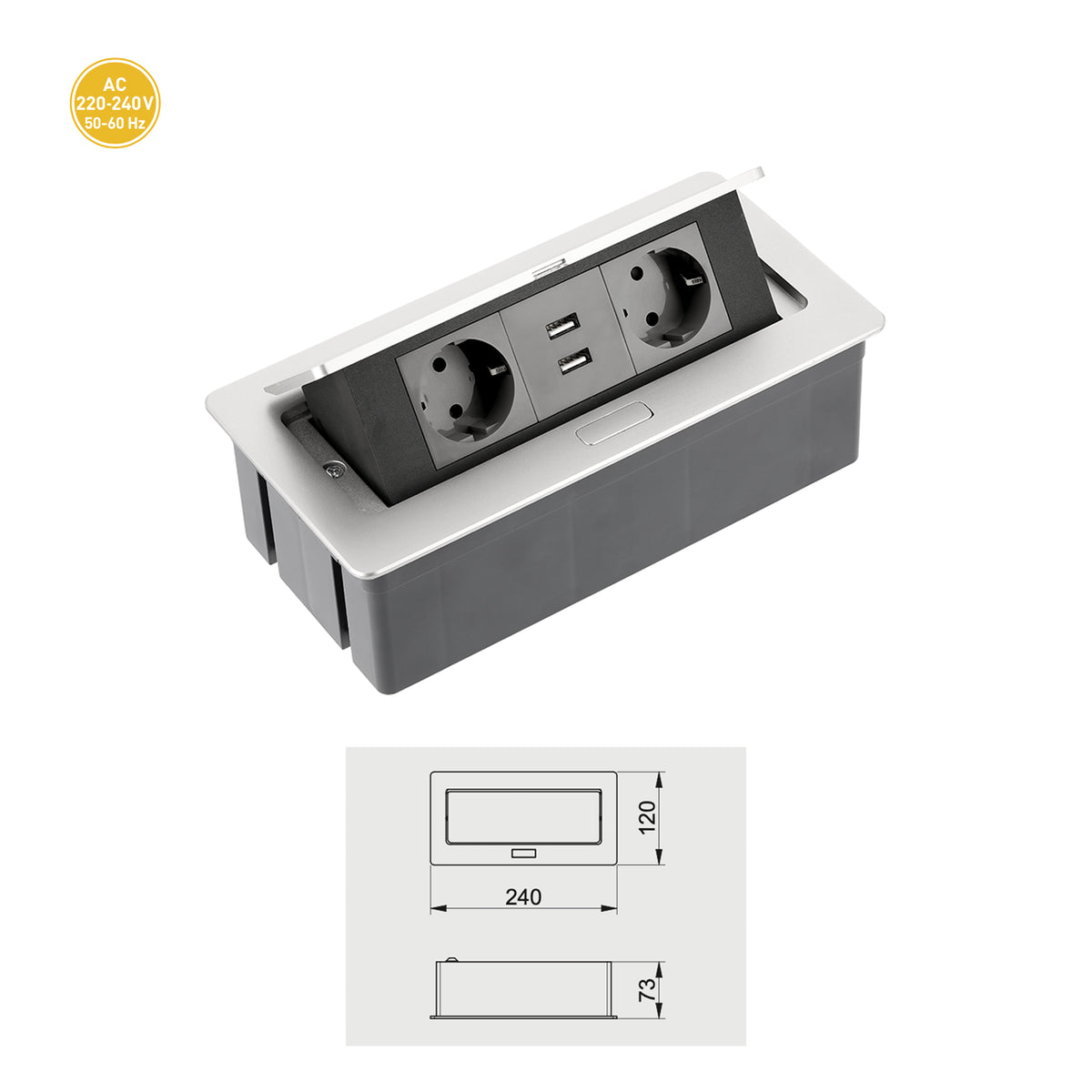 Tischsteckdose Bodensteckdose Küchensteckdose Büro 2-fach 2 USB Aluminium silber schwarz