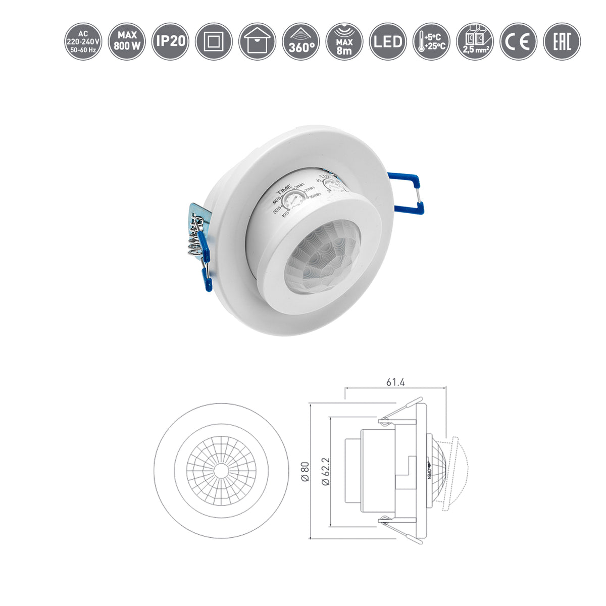 Bewegungsmelder 360° LED geeignet Decken Einbau Unterputz Weiß 800 W IP 20