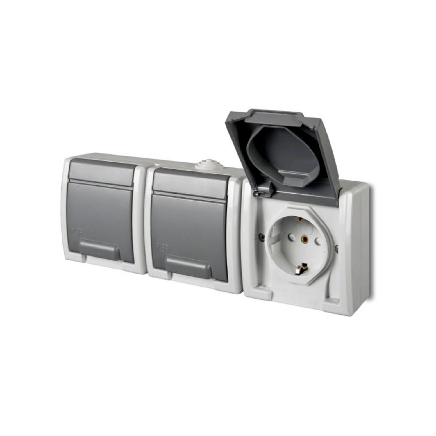 Aufputz-Serie Steckdose Lichtschalter / Wechselschalter Taster Doppelschalter Feuchtraum IP55 hellgrau 1246-10: 3-fach Steckdose