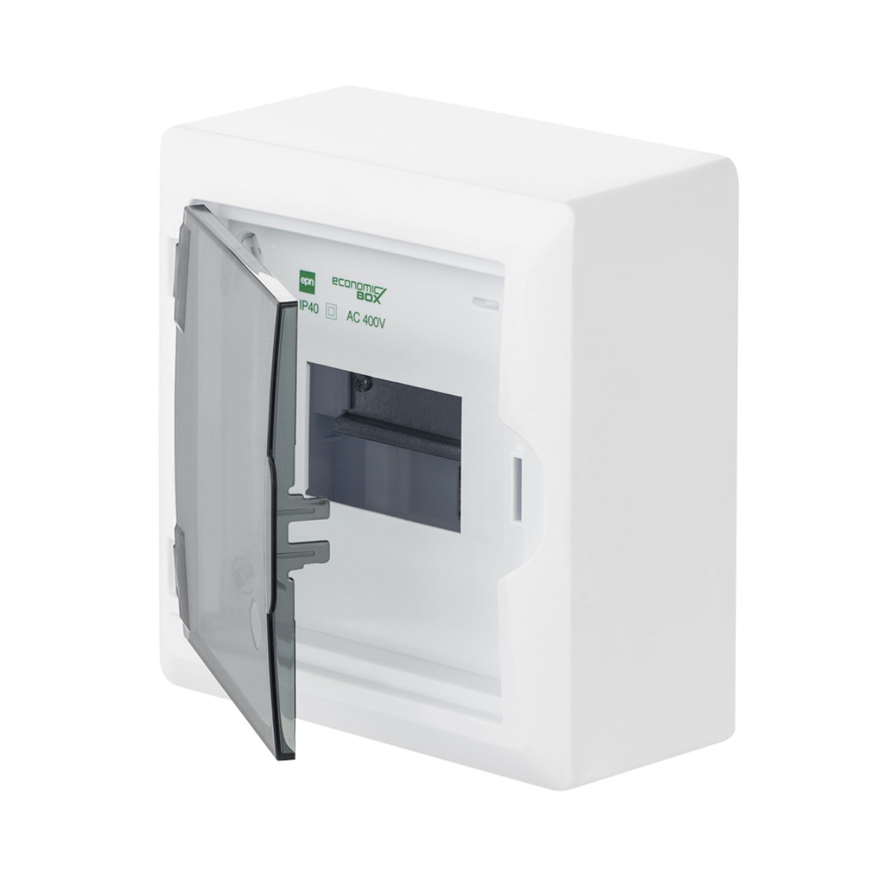 Aufputz / Verteilerkasten / Sicherungskasten / Kleinverteiler / IP40 / mit PE N Klemmen / weiß / Tür getönt / 1-reihig für 6 Module
