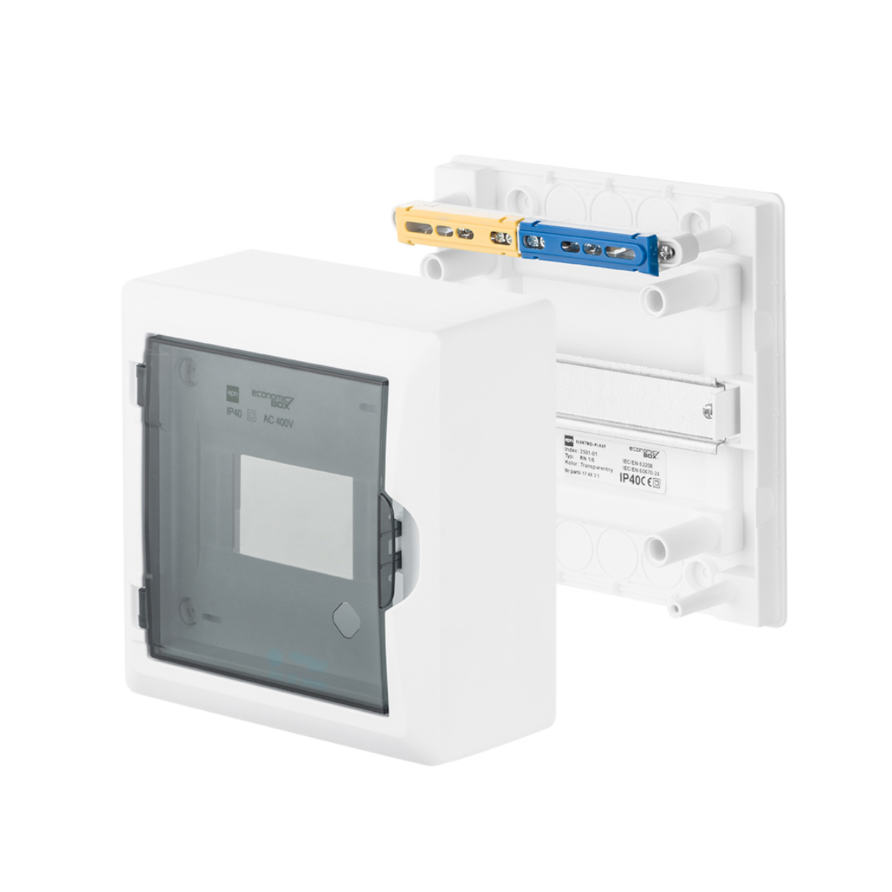 Aufputz / Verteilerkasten / Sicherungskasten / Kleinverteiler / IP40 / mit PE N Klemmen / weiß / Tür getönt / 1-reihig für 6 Module