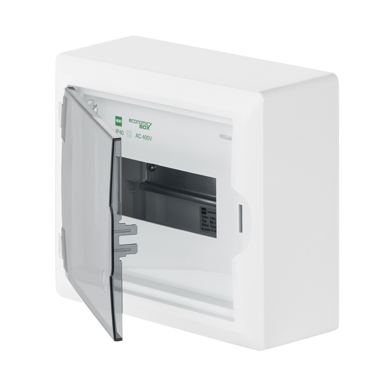 Aufputz / Verteilerkasten / Sicherungskasten / Kleinverteiler / IP40 / mit PE N Klemmen / weiß / Tür getönt / 1-reihig für 8 Module
