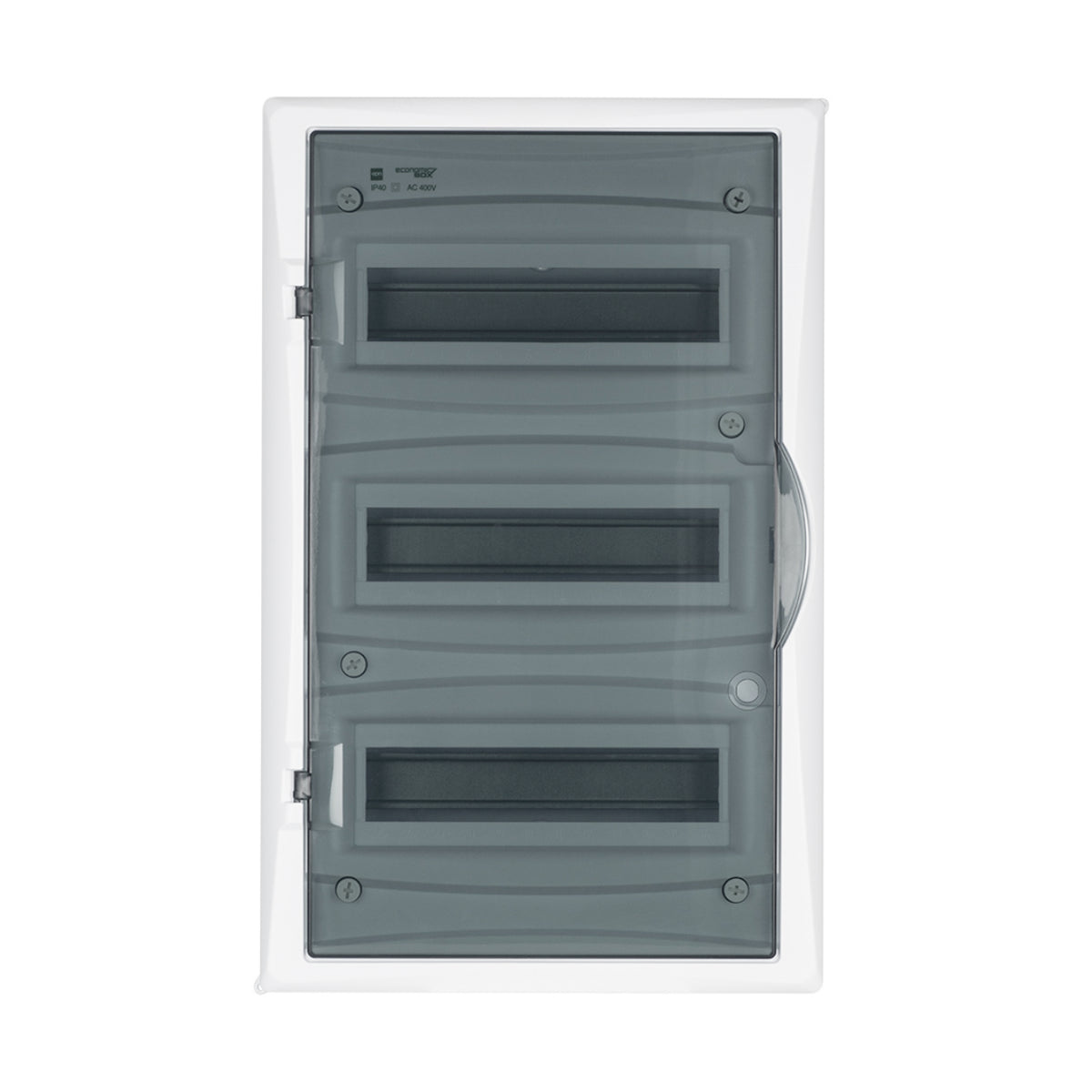 Aufputz / Verteilerkasten / Sicherungskasten / Kleinverteiler / IP40 / mit PE N Klemmen / weiß / Tür getönt / 3-reihig für 36 Module