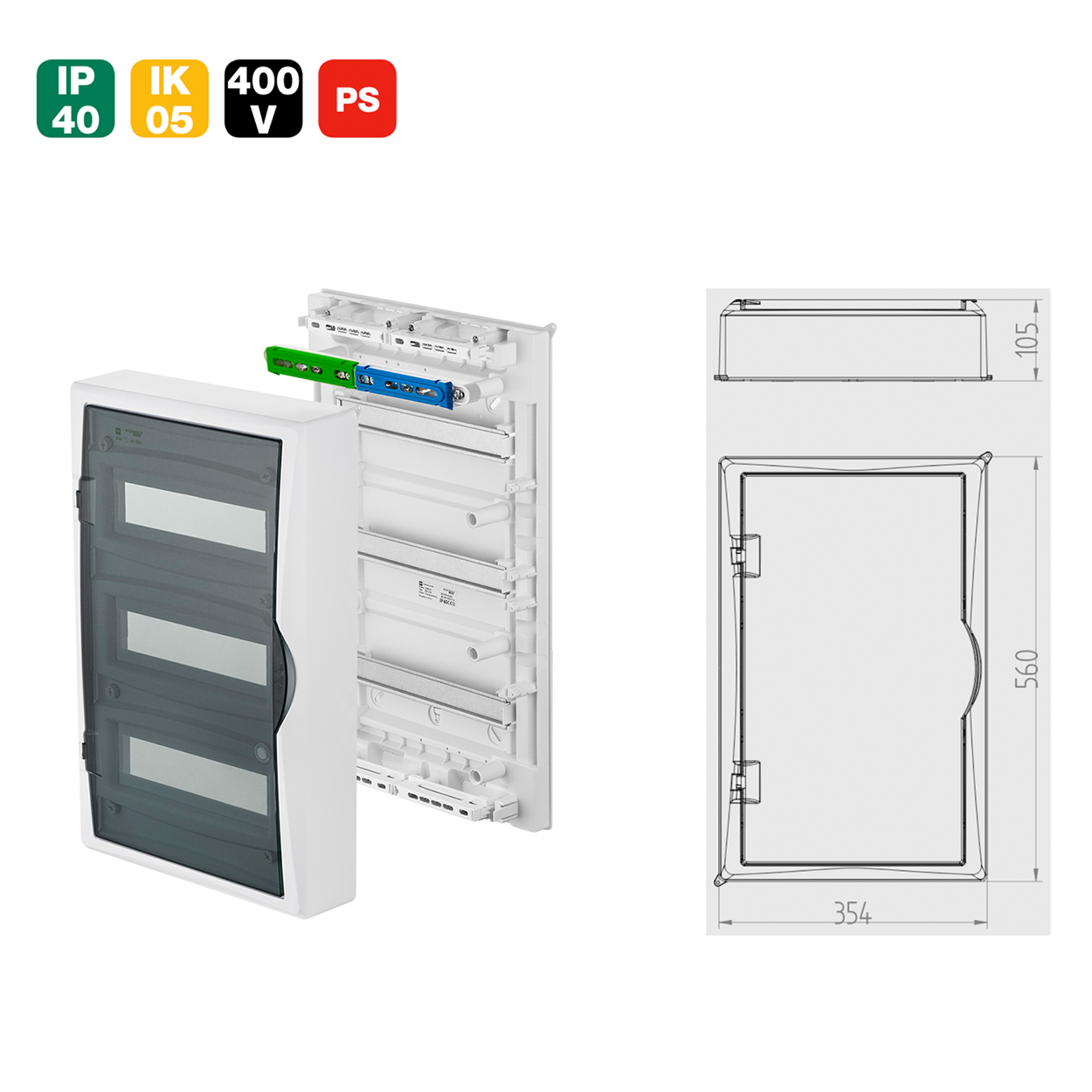 Aufputz / Verteilerkasten / Sicherungskasten / Kleinverteiler / IP40 / mit PE N Klemmen / weiß / Tür getönt / 3-reihig für 36 Module