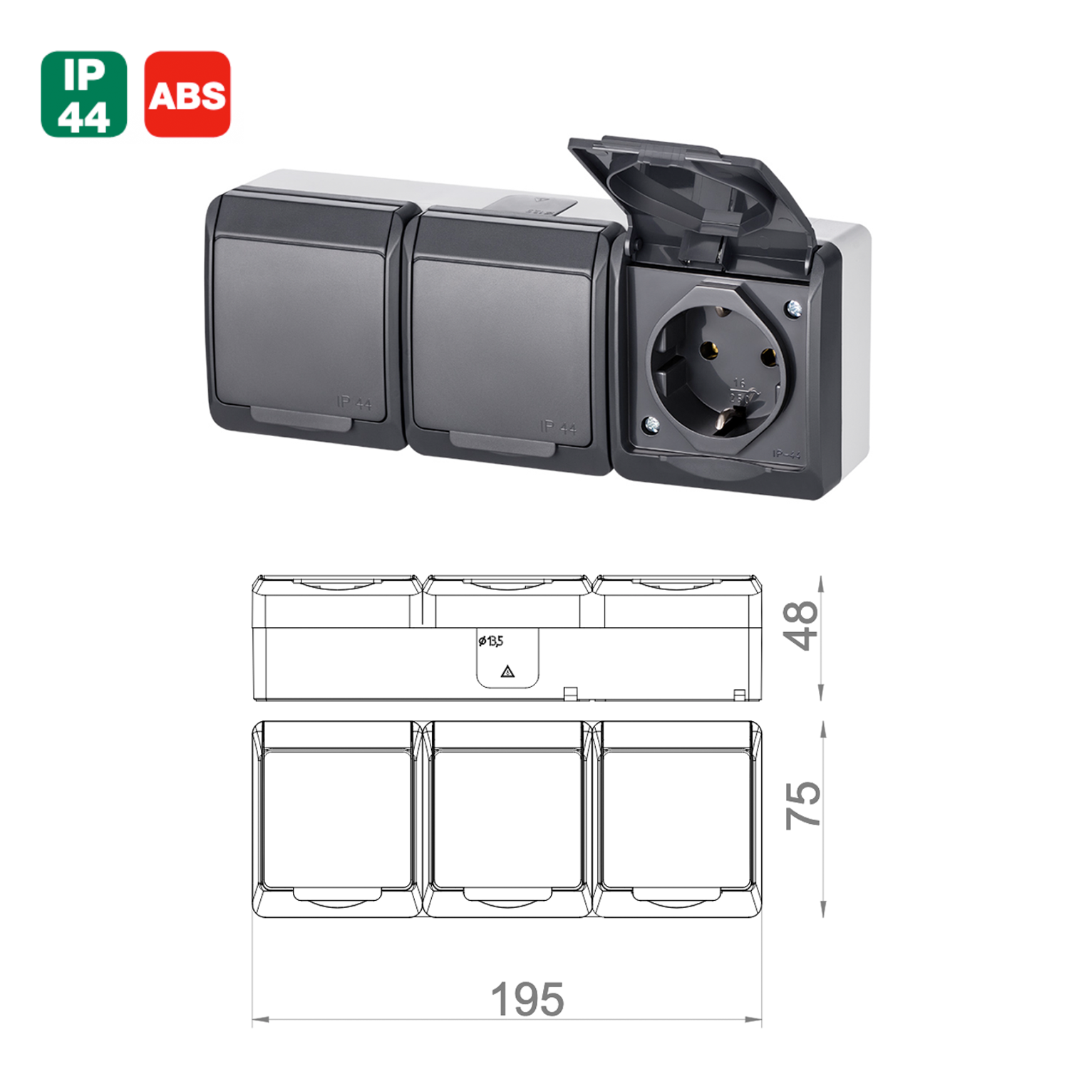 Aufputz-Serie anthrazit IP44 (Lichtschalter / Wechselschalter, Doppelschalter, Klingeltaster, 1-fach / 2-fach / 3-fach Steckdose)