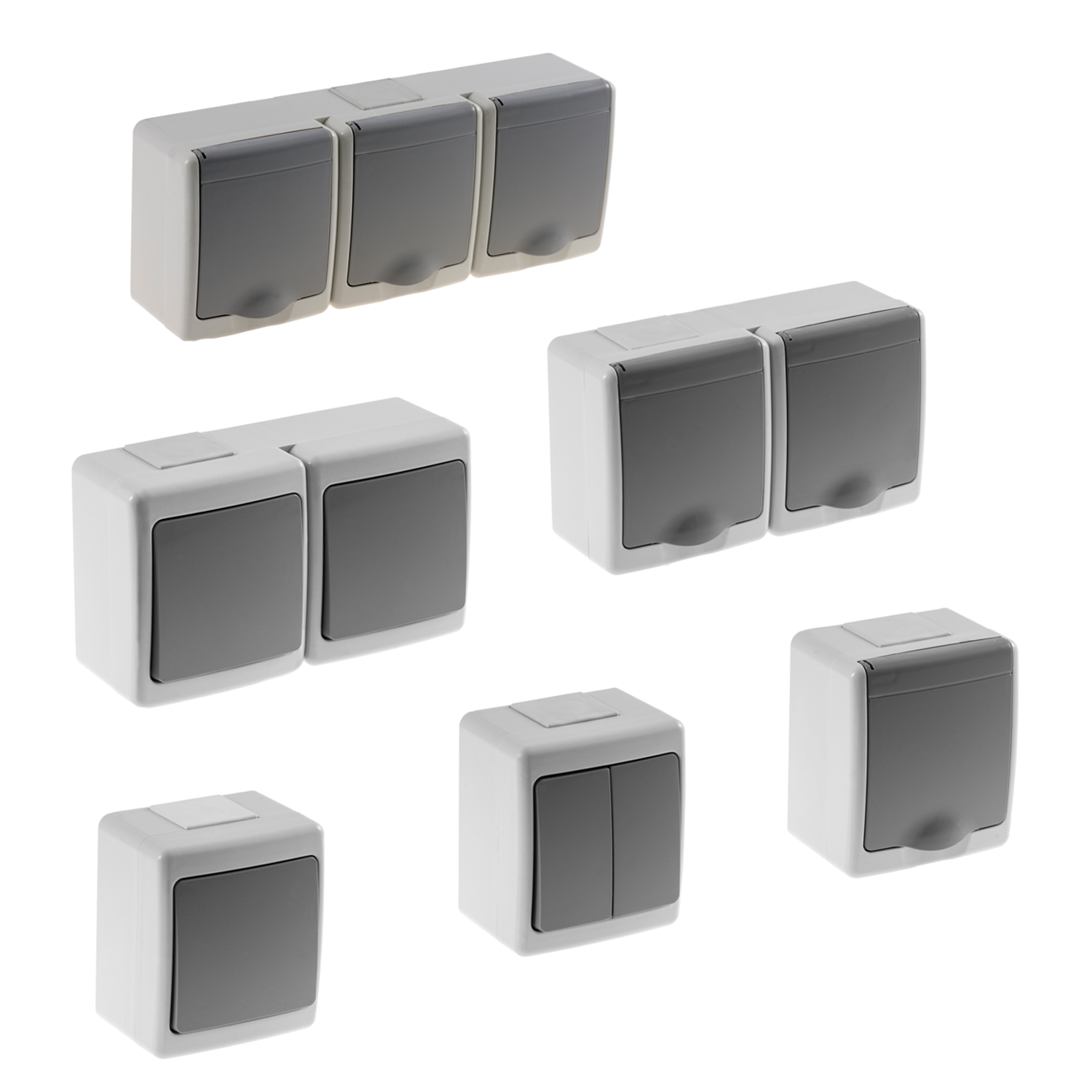 Aufputz-Serie Lichtschalter Wechselschalter Taster Doppelschalter Steckdose Feuchtraum IP44 grau