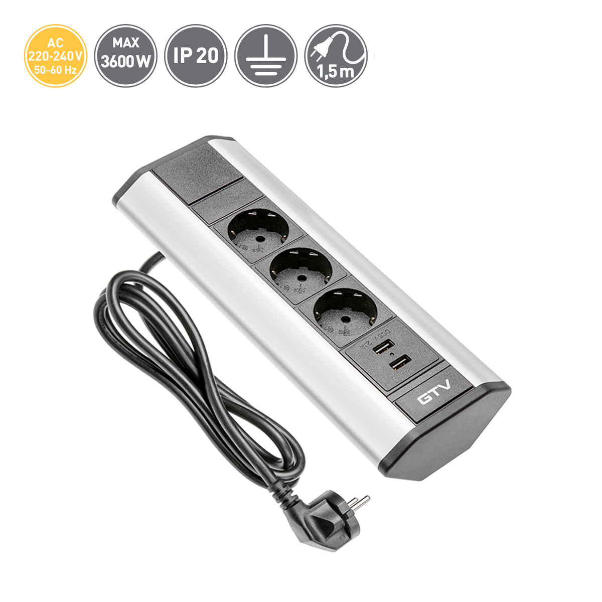 3-fach Ecksteckdose Tischsteckdose Bodensteckdose / mit 2 USB Anschlüssen / ideal für Küche Büro / silber schwarz