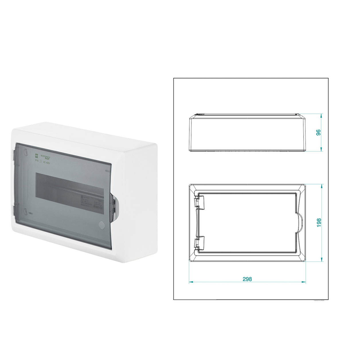 Aufputz / Verteilerkasten / Sicherungskasten / Kleinverteiler / IP40 / mit PE N Klemmen / weiß / Tür getönt / 1-reihig für 12 Module