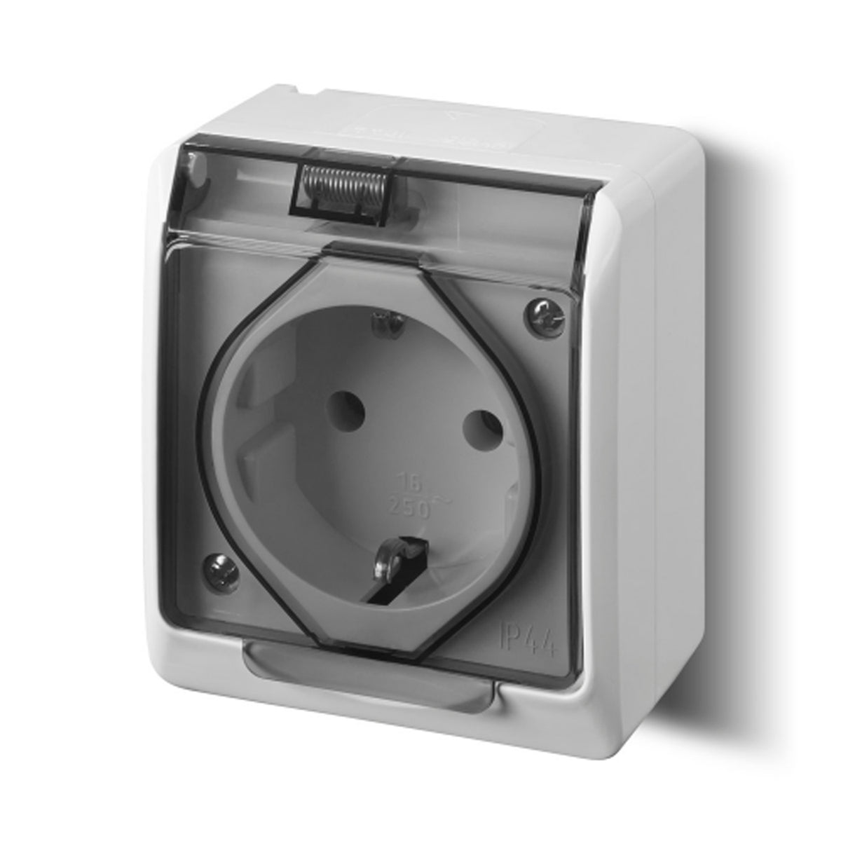 Aufputz-Serie grau transparent IP44 (Lichtschalter/Wechselschalter, Doppelschalter, Klingeltaster, 1-fach/2-fach/3-fach Steckdose)