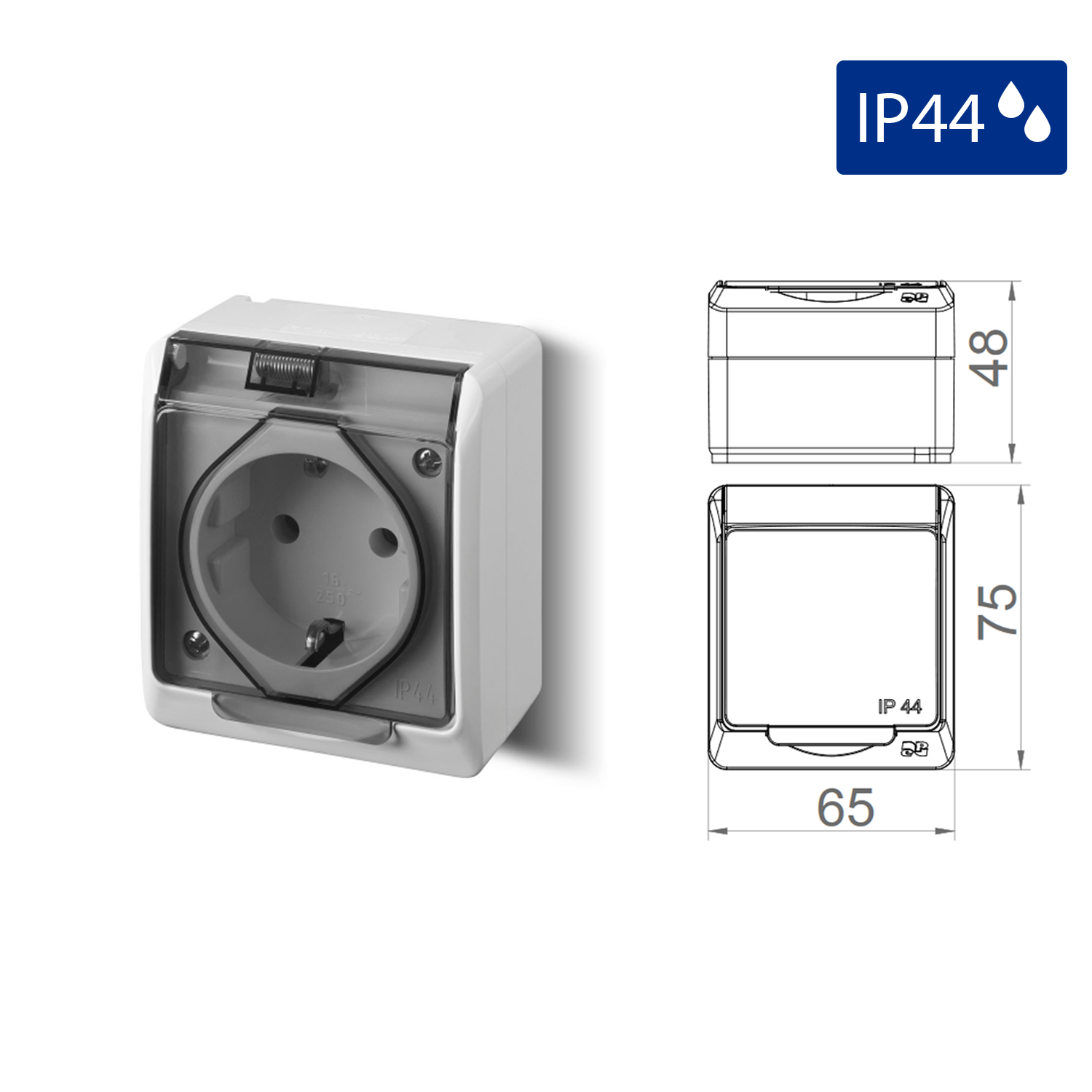 Aufputz-Serie grau transparent IP44 (Lichtschalter/Wechselschalter, Doppelschalter, Klingeltaster, 1-fach/2-fach/3-fach Steckdose)