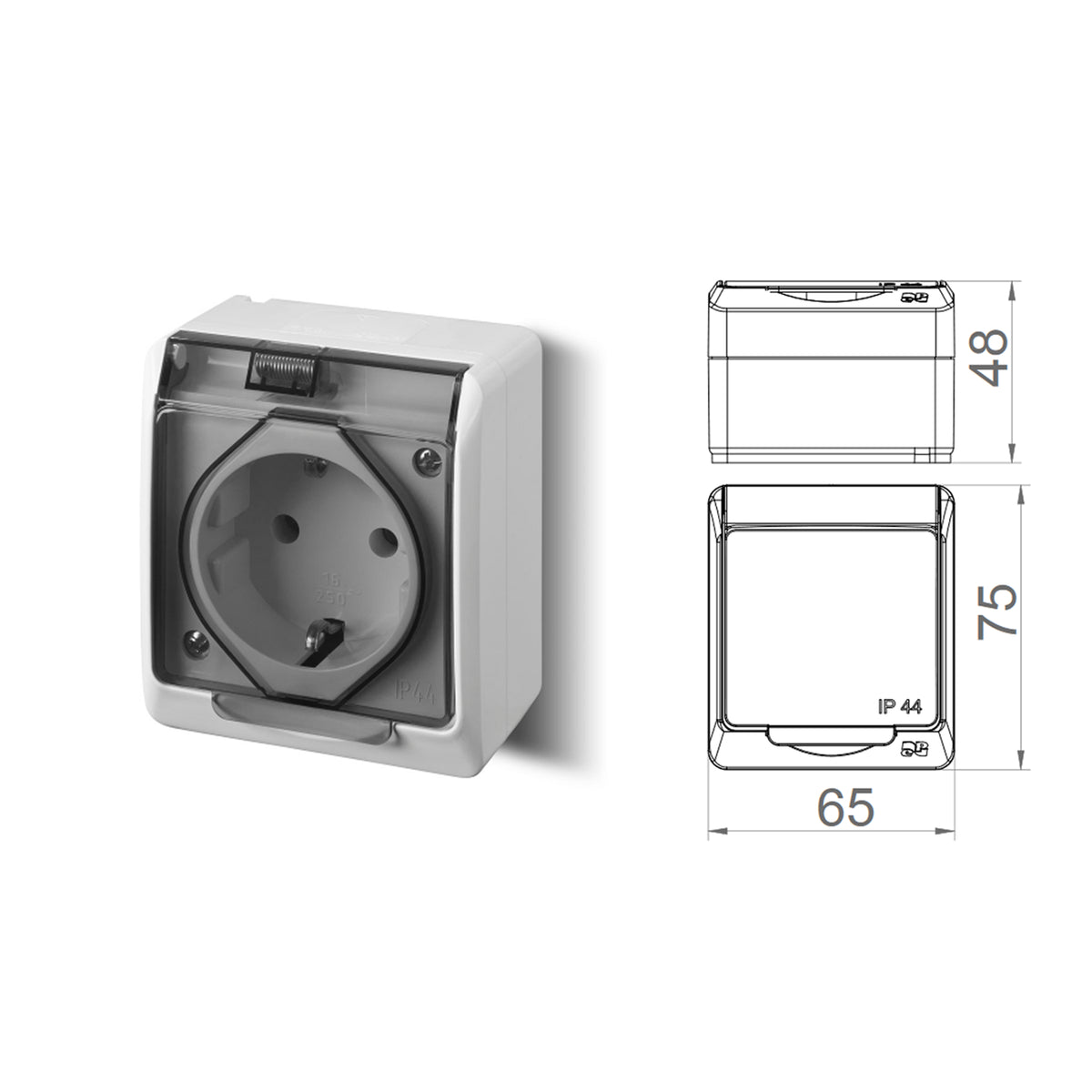 Aufputz-Serie grau transparent IP44 (Lichtschalter/Wechselschalter, Doppelschalter, Klingeltaster, 1-fach/2-fach/3-fach Steckdose)
