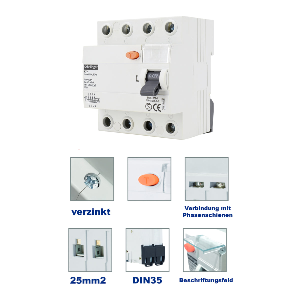 Fehlerstromschutzschalter FI-Schalter / 4-Polig / 40A / 30mA / Typ A / VDE