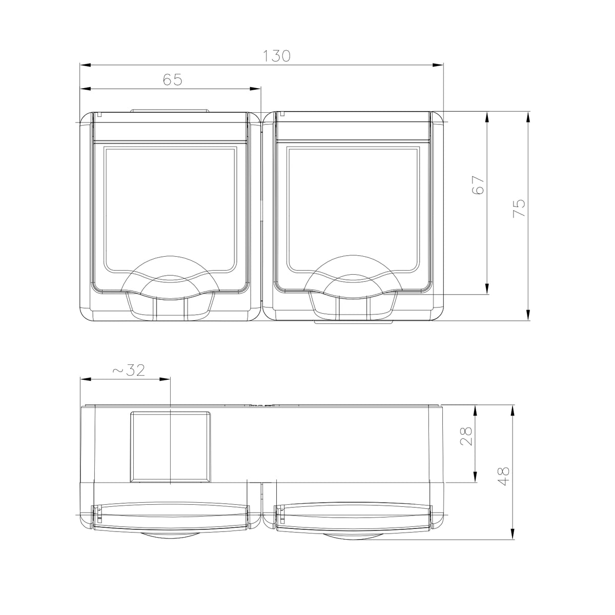 Aufputz-Serie in schwarz: Lichtschalter / Wechselschalter / Taster / Doppelschalter / Steckdose 1-fach, 2-fach oder 3-fach / Feuchtraum, IP44 2-fach Steckdose