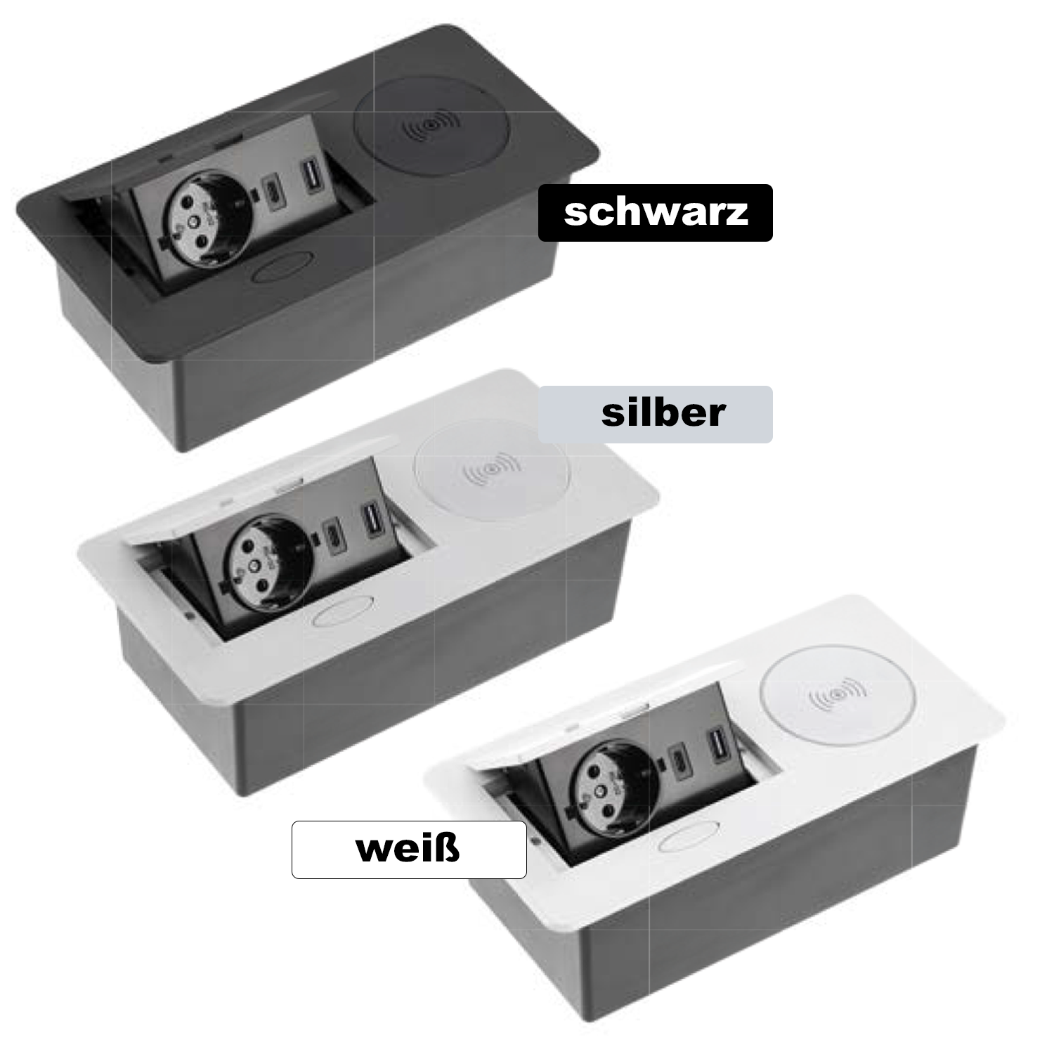 Moderne Tischsteckdose mit USB-A, USB-C und Induktionsladefläche