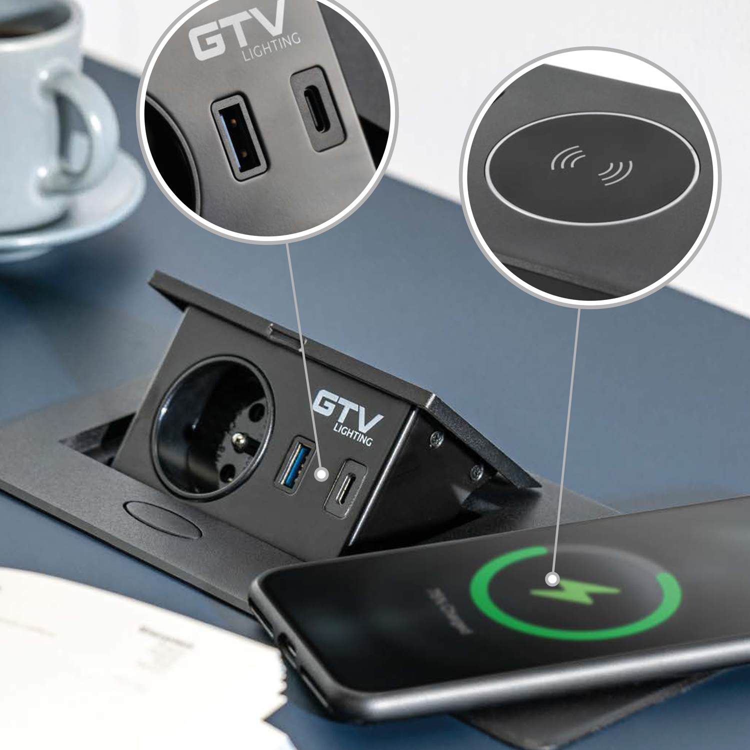 Moderne Tischsteckdose mit USB-A, USB-C und Induktionsladefläche
