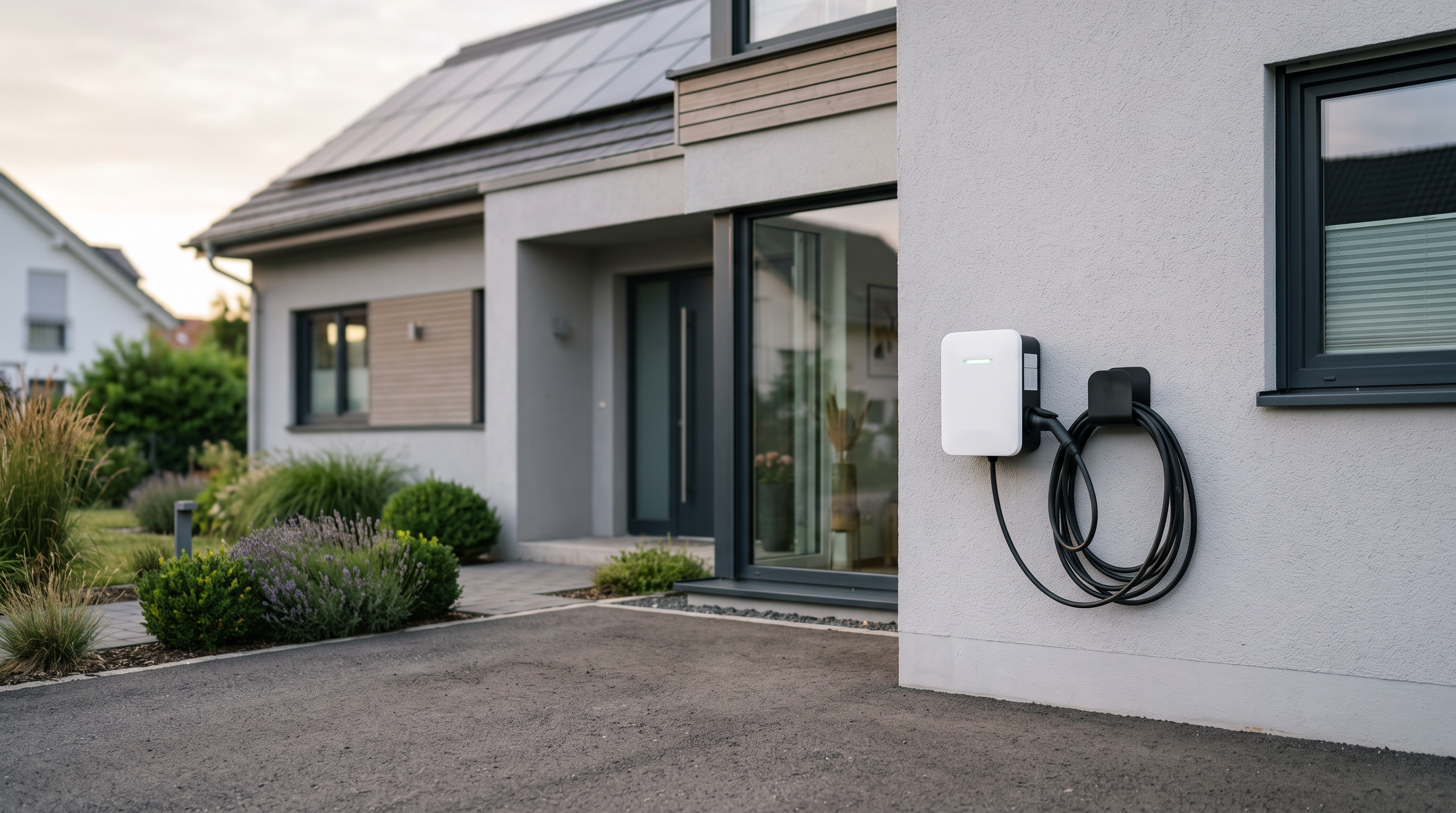 Wallbox an der Außenwand eines Wohnhauses mit Photovoltaikanlage auf dem Dach