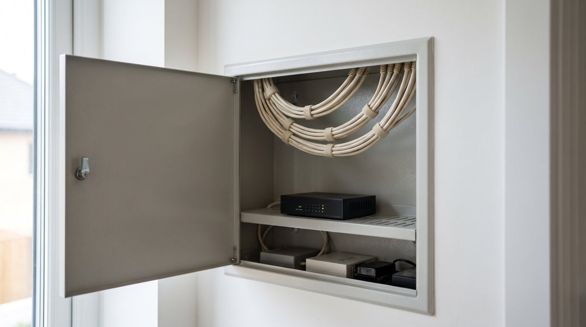 Geöffneter Multimediakasten in einer Wand, im oberen Teil ordentlich aufgerollte Netzwerkleitungen, darunter eine Geräteebene