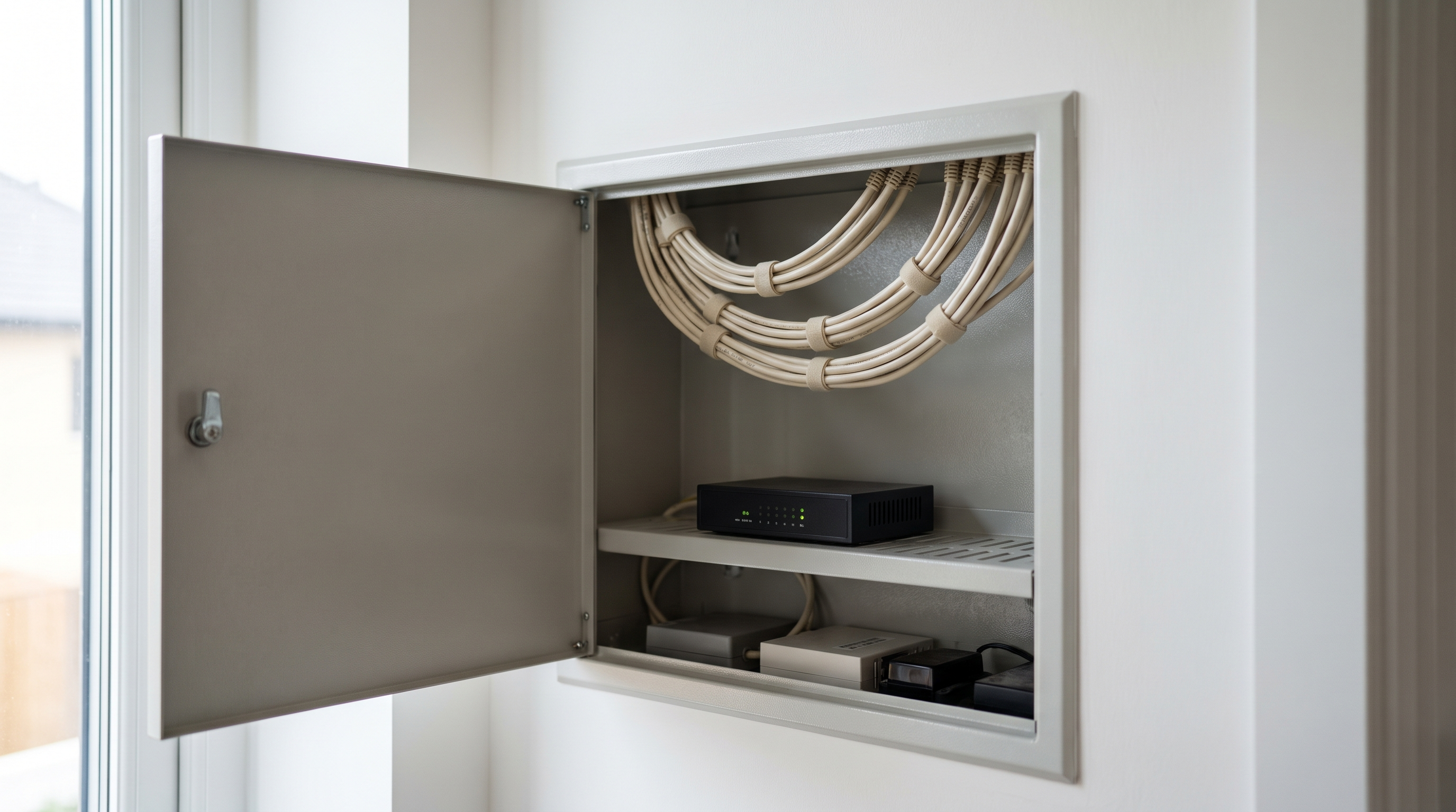 Geöffneter Multimediakasten in einer Wand, im oberen Teil ordentlich aufgerollte Netzwerkleitungen, darunter eine Geräteebene