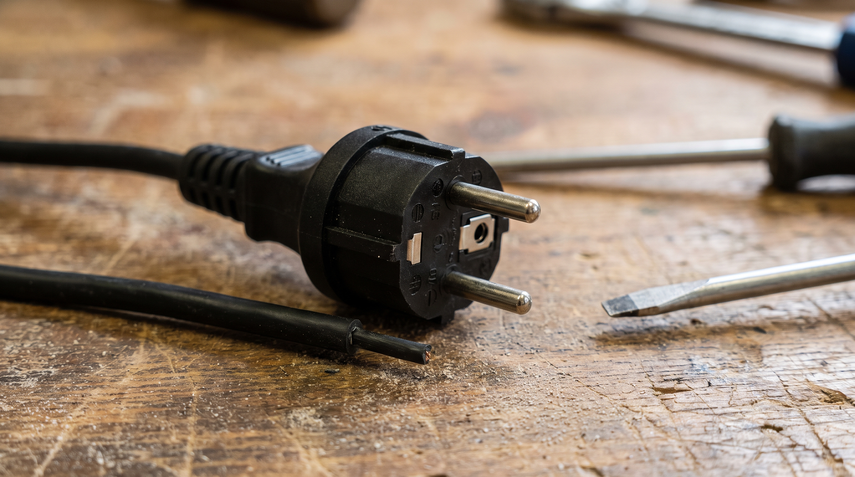 Schwarzer Schuko-Stecker mit zwei runden Stiften auf einer Holzwerkbank, daneben die angeschlossene Mantelleitung und zwei Schraubendreher