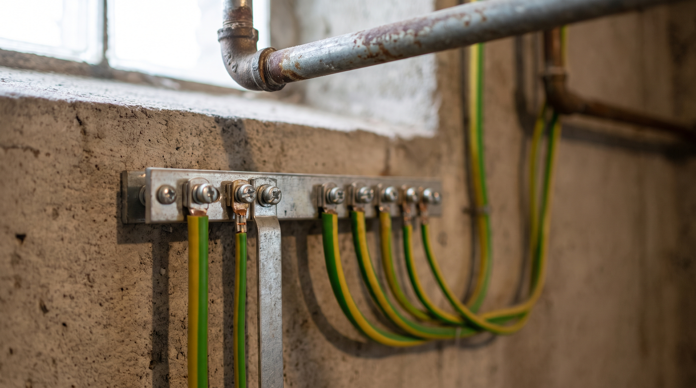 Metallene Potentialausgleichsschiene an einer Kellerwand, mit mehreren grün-gelben Leitungen und einem Bandstahl in einzelnen Klemmen