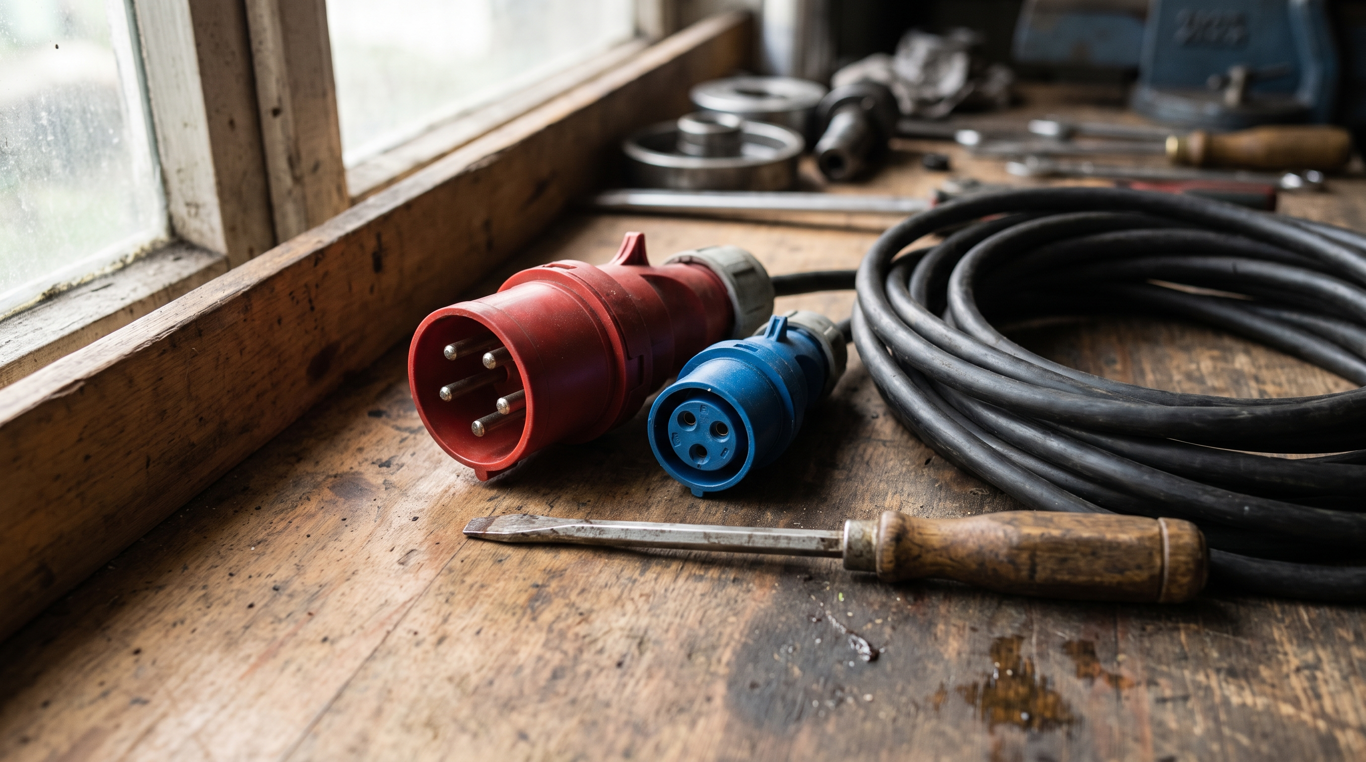 Roter fünfpoliger CEE-Stecker und blaue dreipolige Kupplung nebeneinander auf einer Werkbank, daneben ein Schraubendreher und eine aufgerollte Gummischlauchleitung