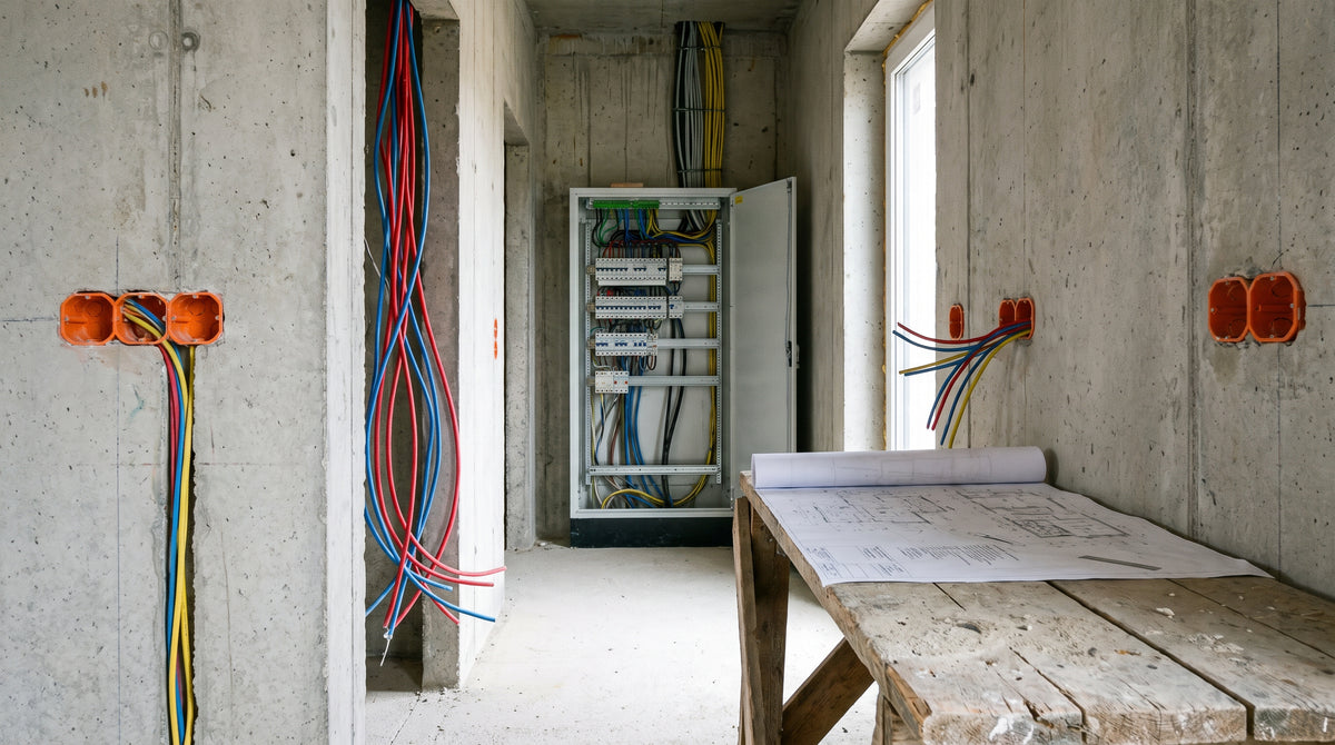 Neubau-Rohbau, leere Unterputzdosen und Kabel in einer Betonwand, ein geöffneter Verteilerkasten im Flur, Bauplan auf einer Werkbank